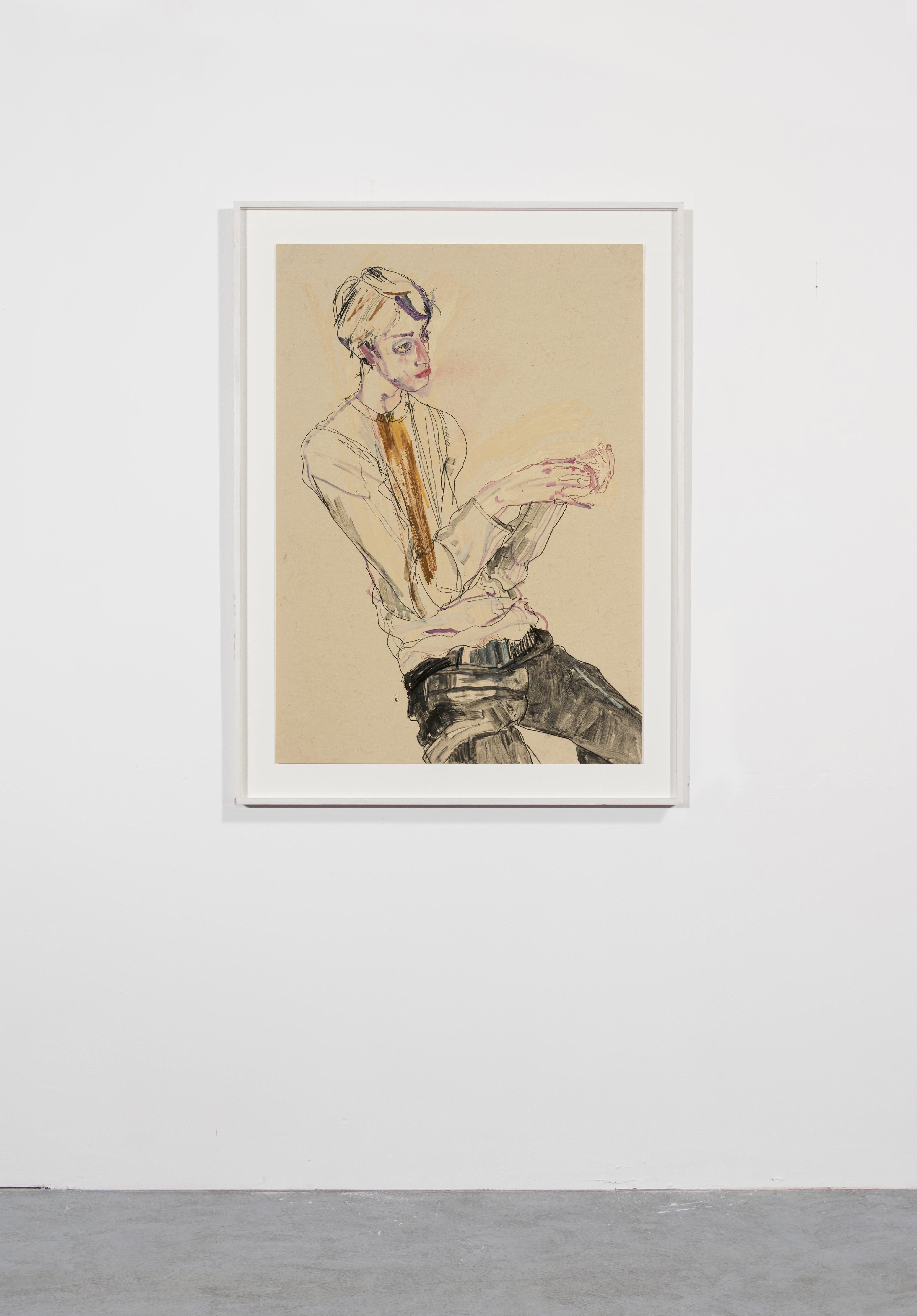 Ben Waters (Seduto, con la mano in mano), Tecnica mista su pergamena Pergamenata - Painting Contemporaneo di Howard Tangye