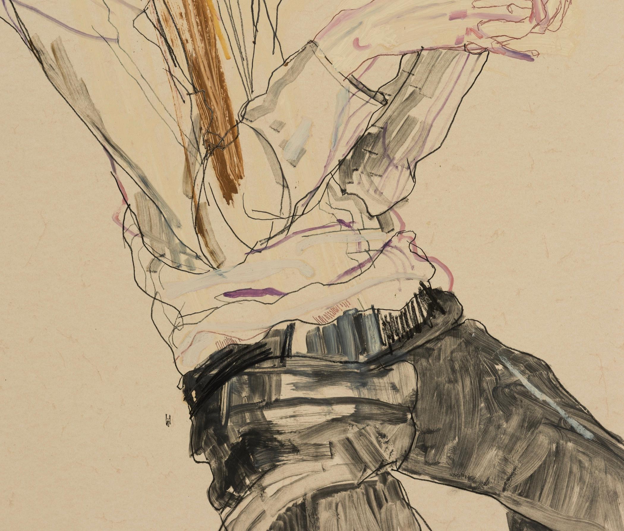 Ben Waters (Seated, Hand Holding), Mixed media on Pergamenata parchment - Contemporary Painting by Howard Tangye