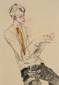 Ben Waters (Seated, Hand Holding), Mixed media on Pergamenata parchment