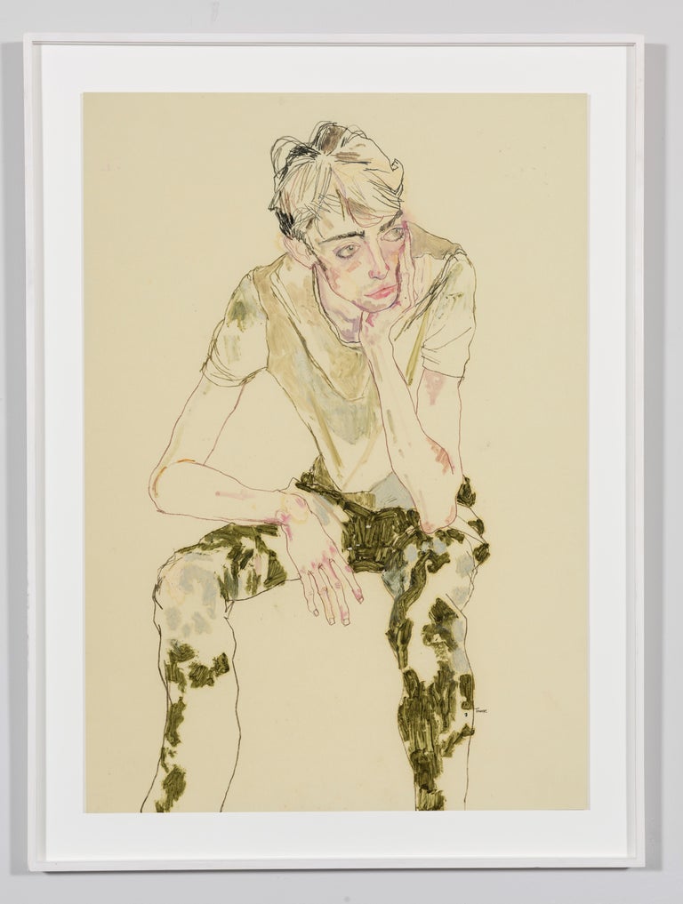 Ben Waters (Seated, Holding Head), Mixed media on Pergamenata parchment - Painting by Howard Tangye