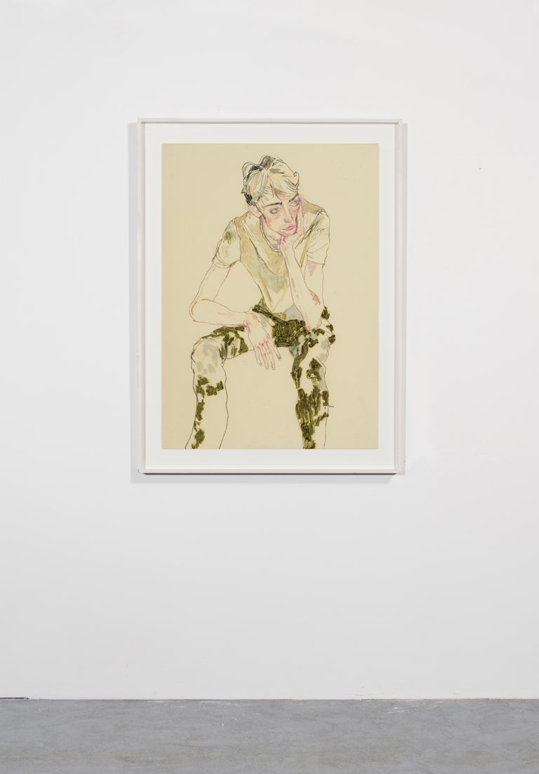 Ben Waters (Seated, Holding Head), Mixed media on Pergamenata parchment - Contemporary Painting by Howard Tangye