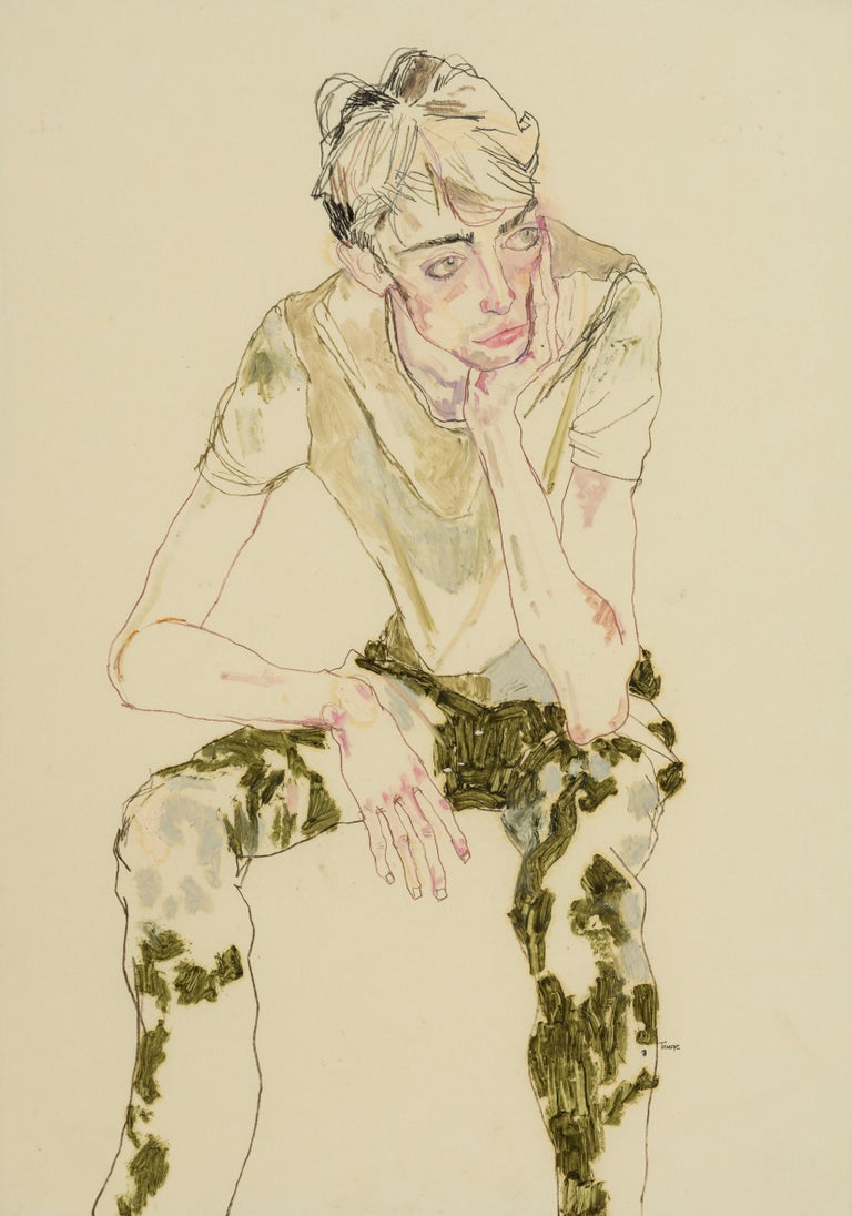 Howard Tangye Portrait Painting - Ben Waters (Seated, Holding Head), Mixed media on Pergamenata parchment
