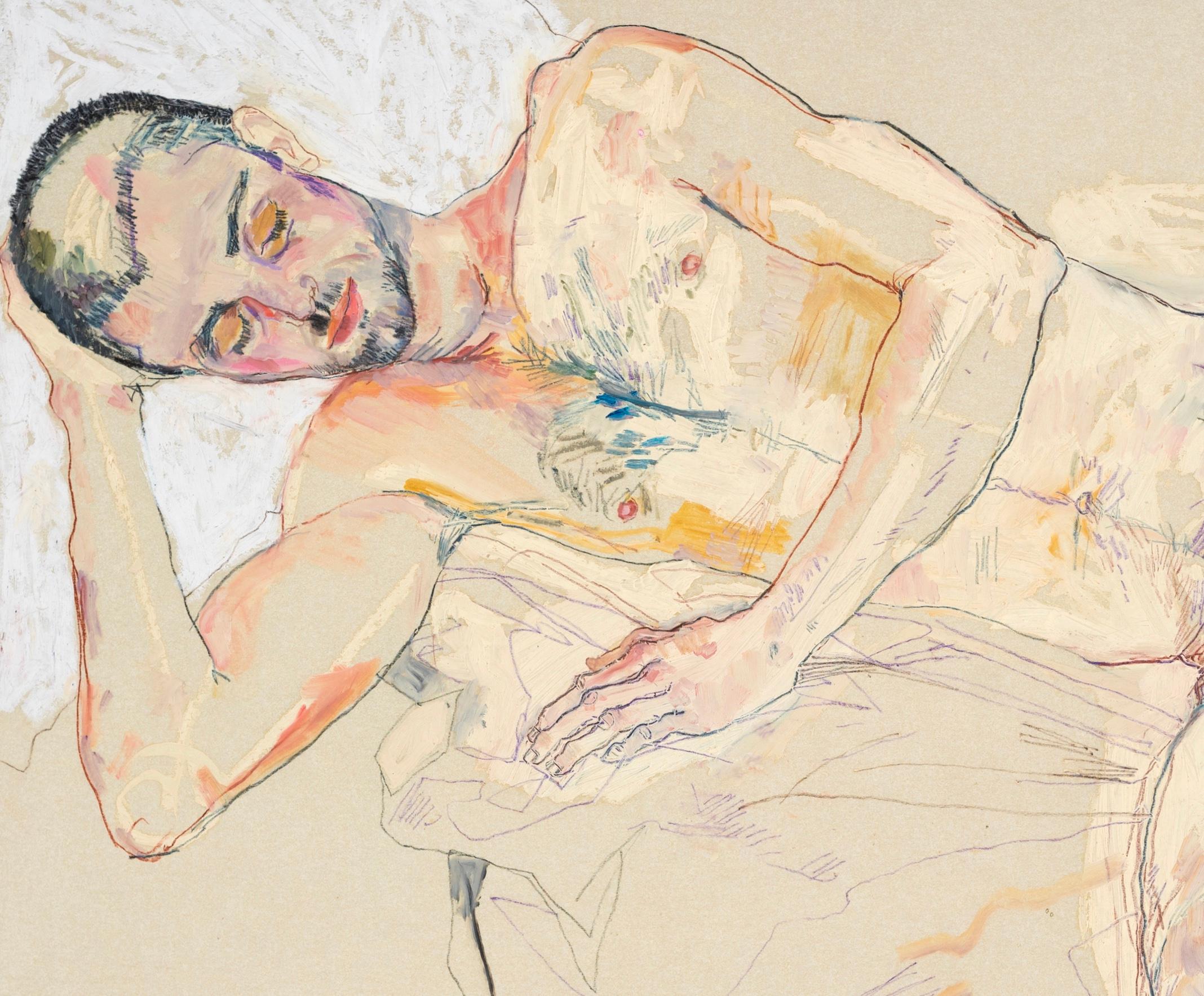 Craig ( Nu), Techniques mixtes sur parchemin Pergamenata - Beige Nude Painting par Howard Tangye