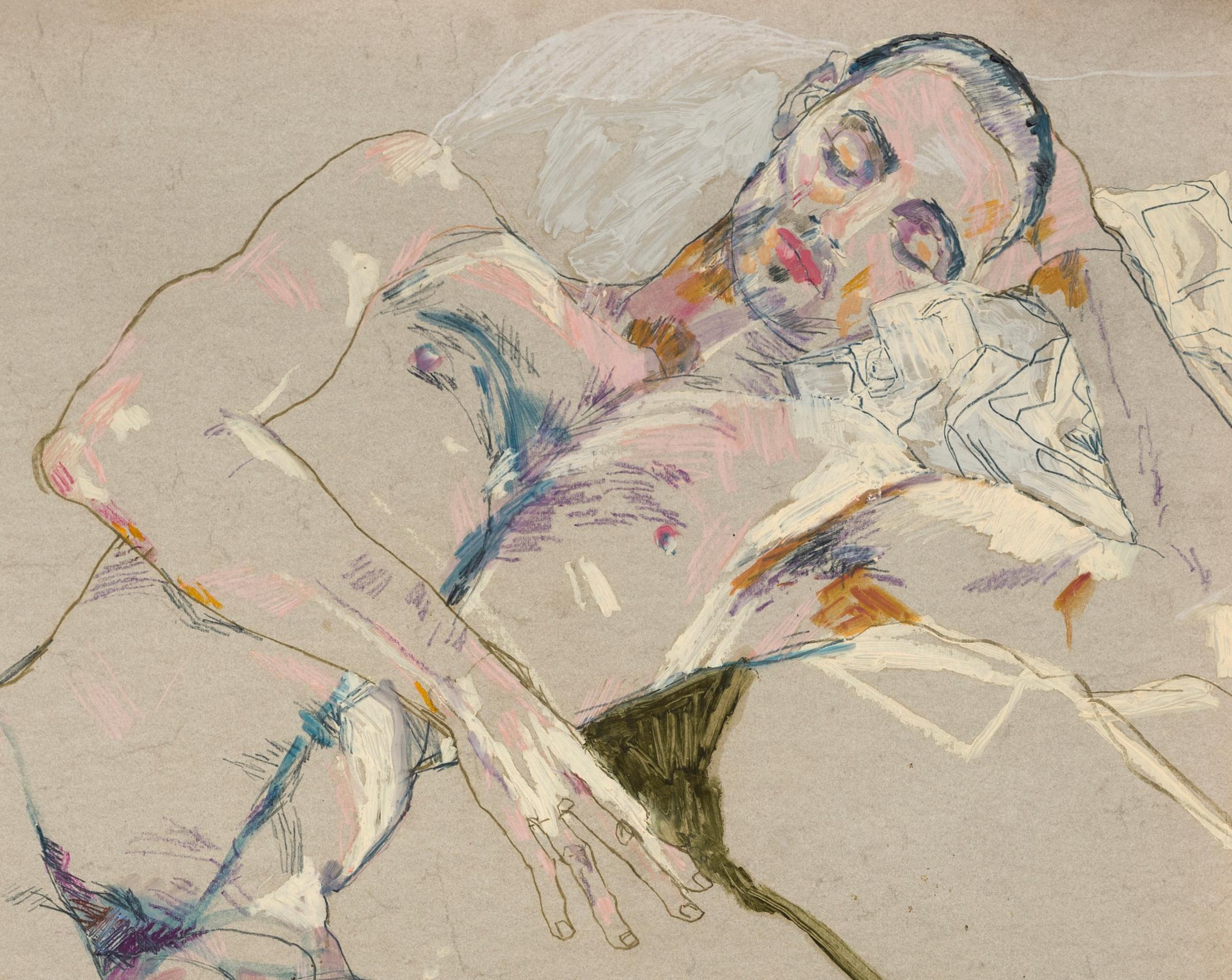 Craig (Nude on Green), Mixed media on grey parchment paper - Painting by Howard Tangye