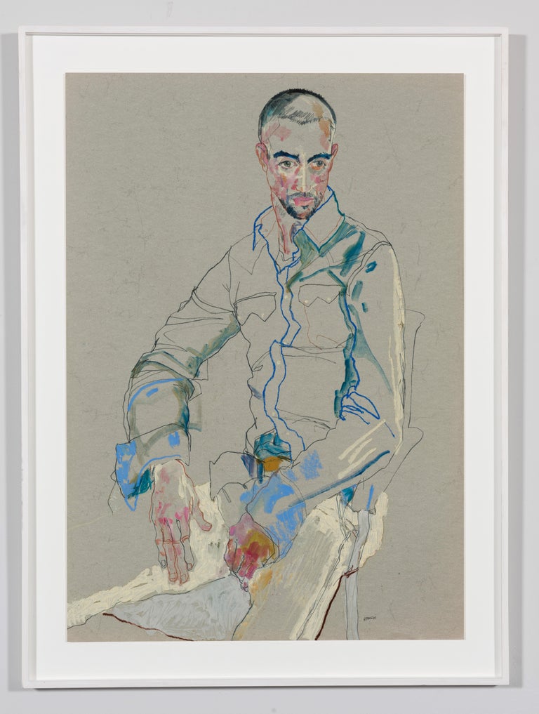 Craig (Richard's Friend - Sitting - Blue Jacket), Mixed media on grey parchment - Art by Howard Tangye