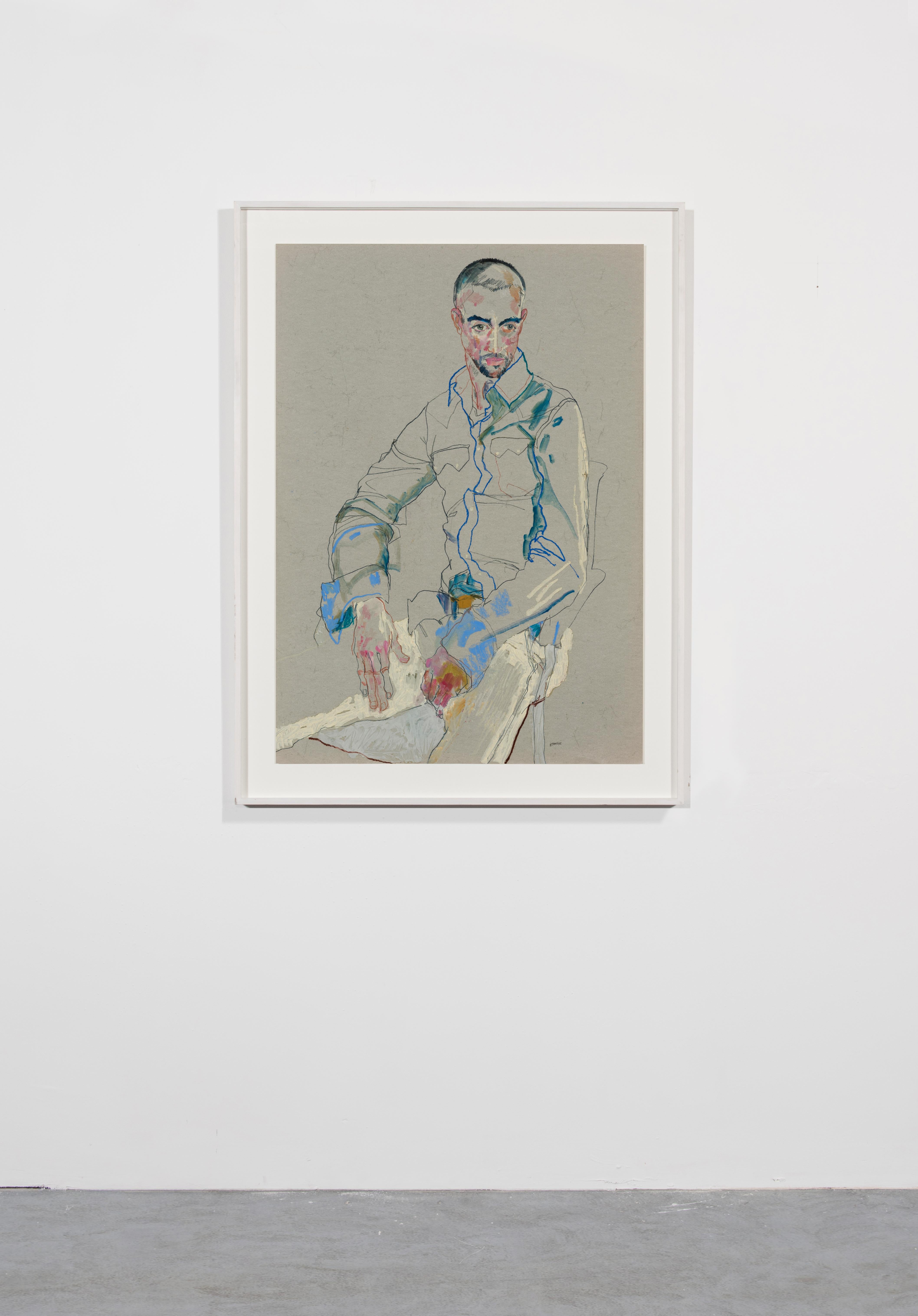 Craig (Richard's Freund - Sitting - Blaue Jacke), Mischtechnik auf grauem Pergament (Zeitgenössisch), Art, von Howard Tangye