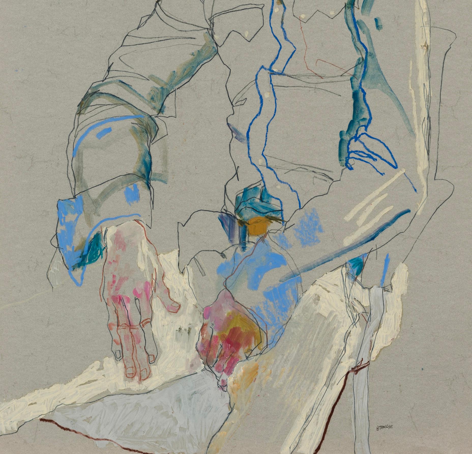 Craig (Richard's Friend - Sitting - Blue Jacket), Mixed media on grey parchment - Contemporary Art by Howard Tangye