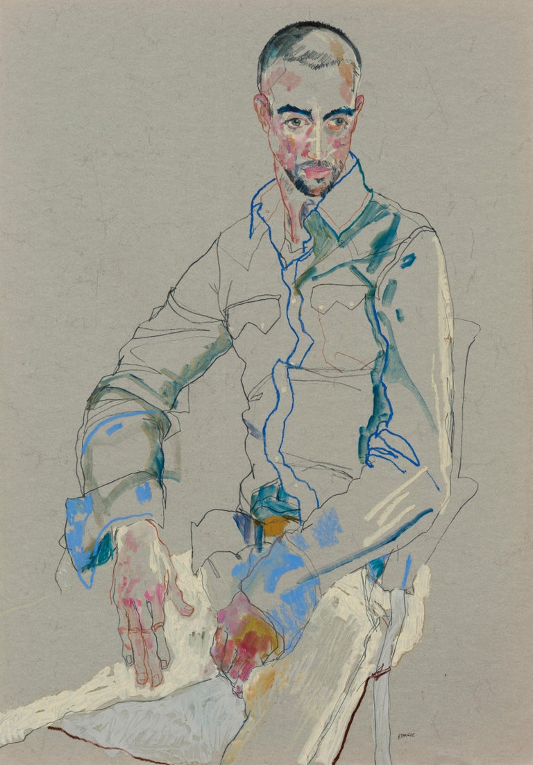 Howard Tangye Figurative Art - Craig (Richard's Friend - Sitting - Blue Jacket), Mixed media on grey parchment
