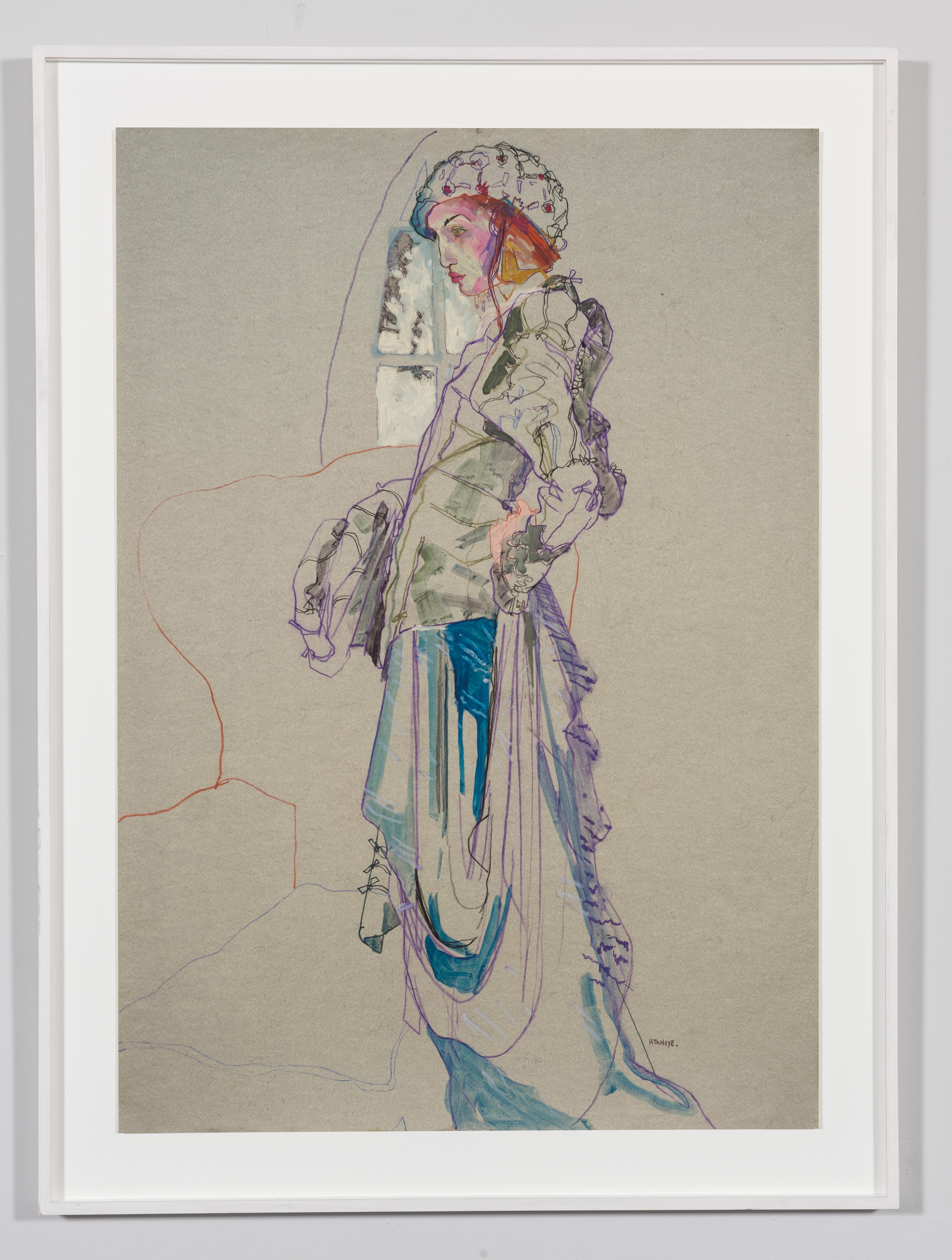 Elodie (Galliano Paris - Beret), Mixed Media on grey paper - Painting by Howard Tangye