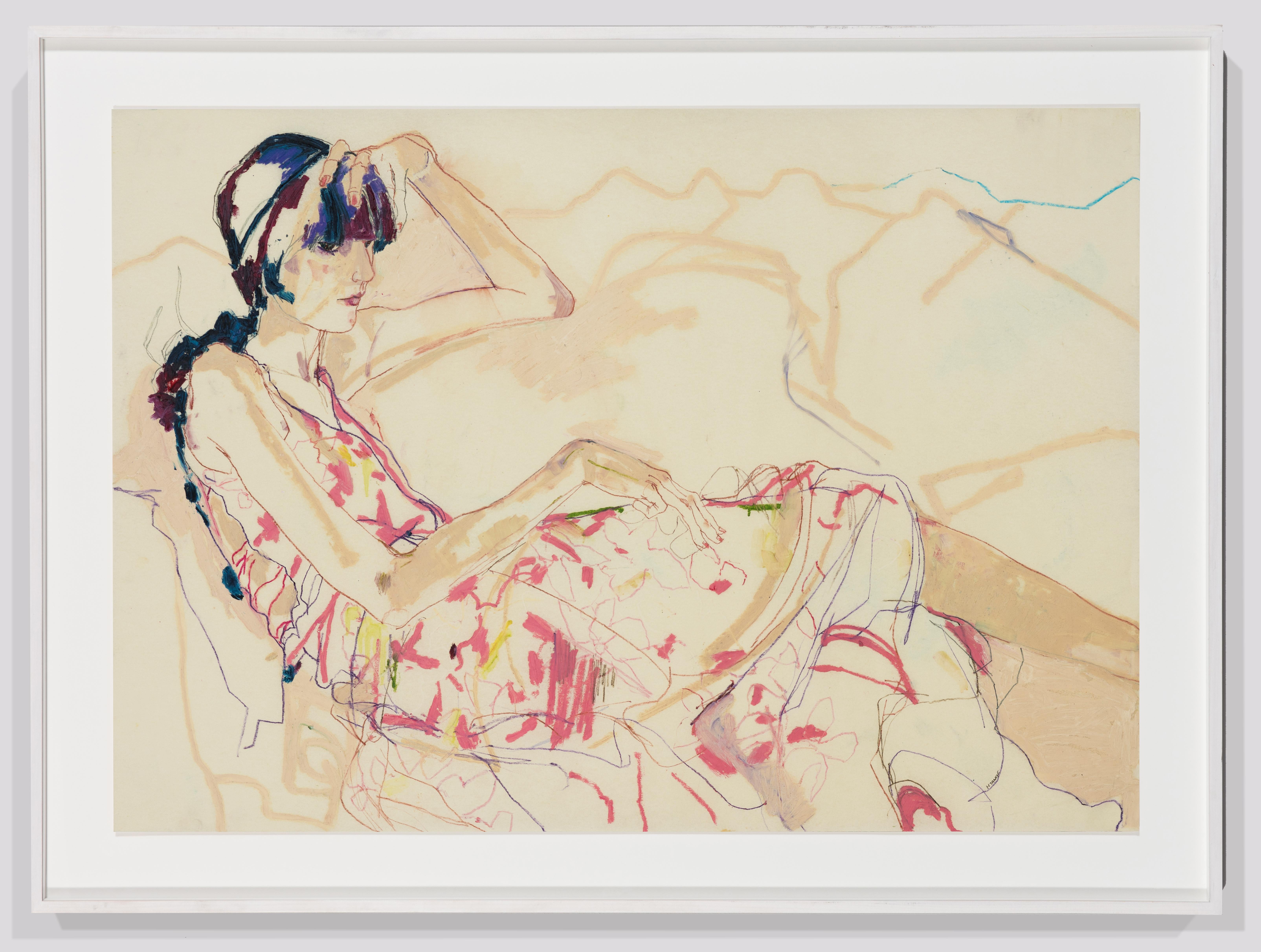 Emilie (Sitting, Legs Out - Roses), techniques mixtes sur parchemin Pergamenata - Painting de Howard Tangye