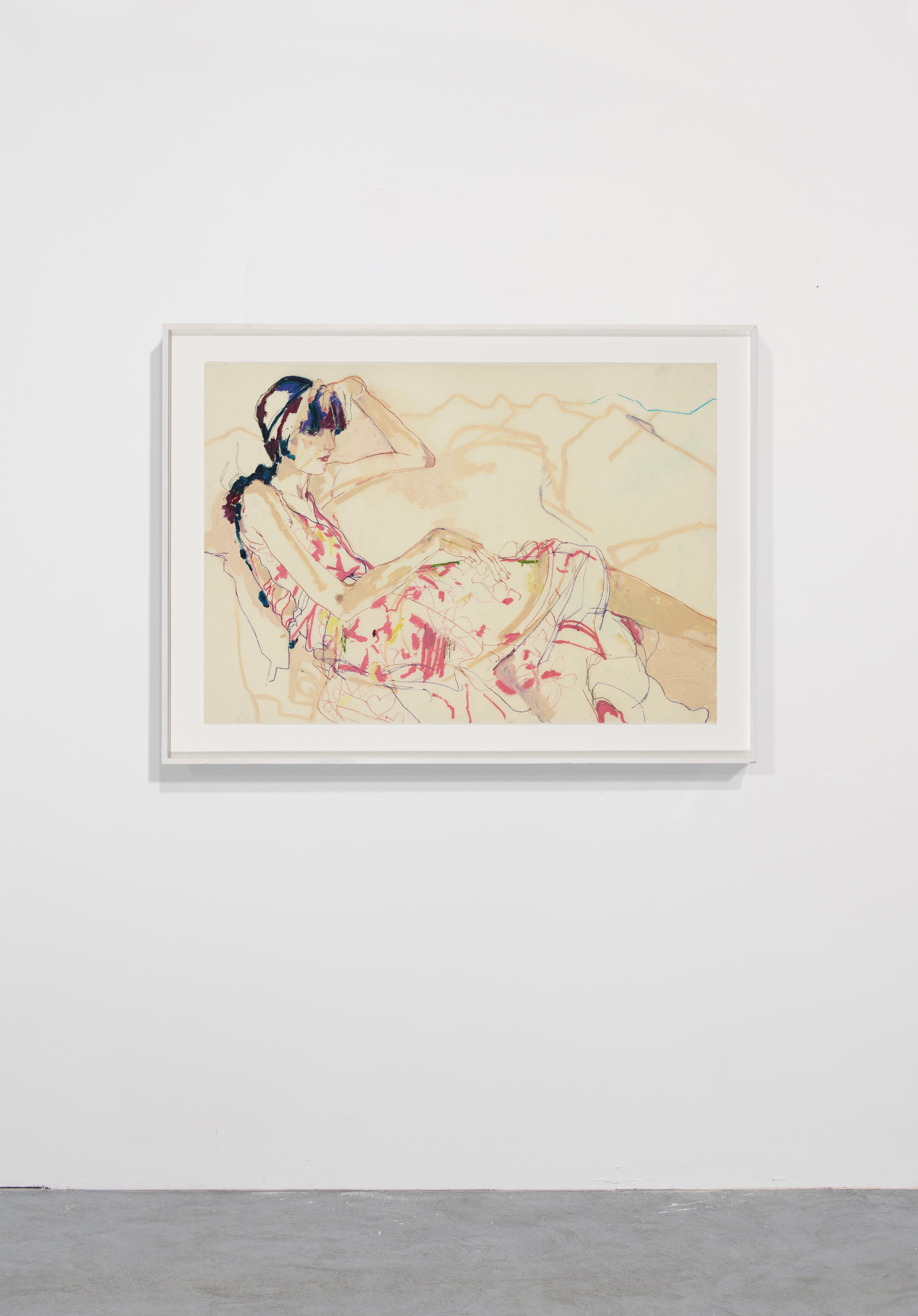 Emilie (Sitting, Legs Out - Roses), techniques mixtes sur parchemin Pergamenata - Contemporain Painting par Howard Tangye