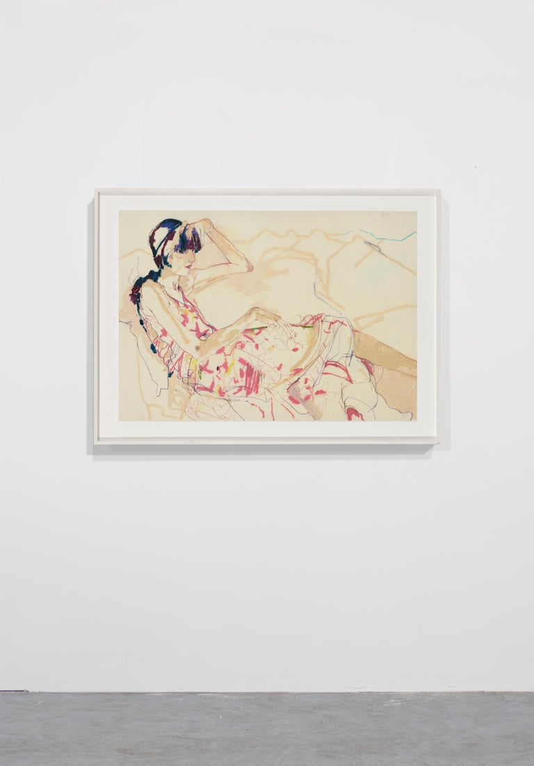 Emilie (Sitting, Legs Out - Pinks), Mixed media on Pergamenata parchment - Contemporary Painting by Howard Tangye