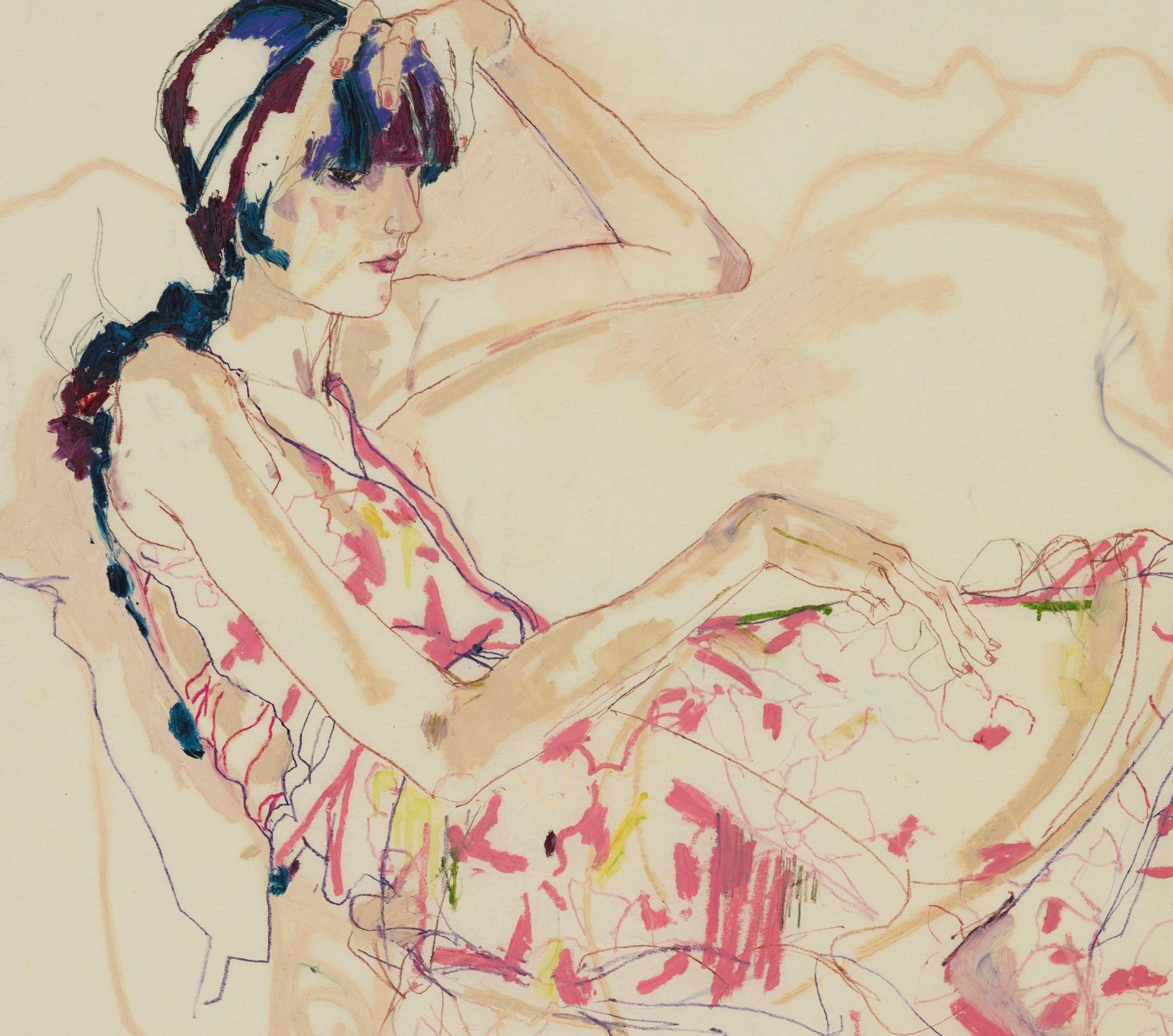 Emilie (Sitting, Legs Out - Roses), techniques mixtes sur parchemin Pergamenata - Beige Figurative Painting par Howard Tangye