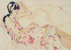 Emilie (Sitting, Legs Out - Pinks), Mixed media on Pergamenata parchment