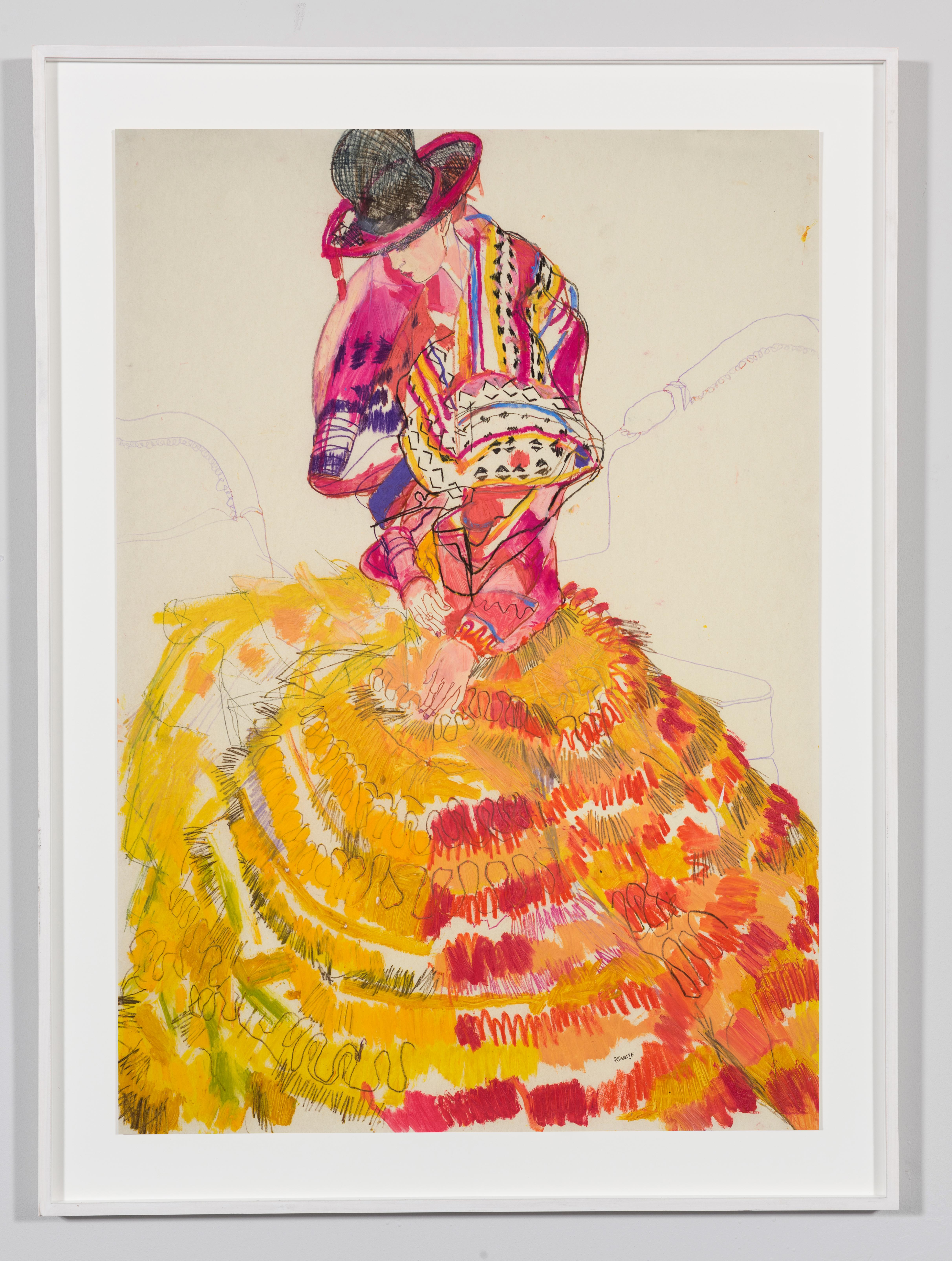 Emma (Seated - Dior Couture, Pink & Yellow), Mixed media on Pergamenata paper - Painting by Howard Tangye