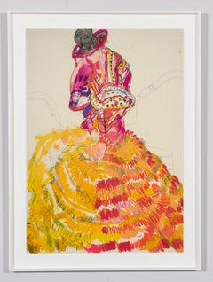 Emma (Seated - Dior Couture, Pink & Yellow), Mixed media on Pergamenata paper