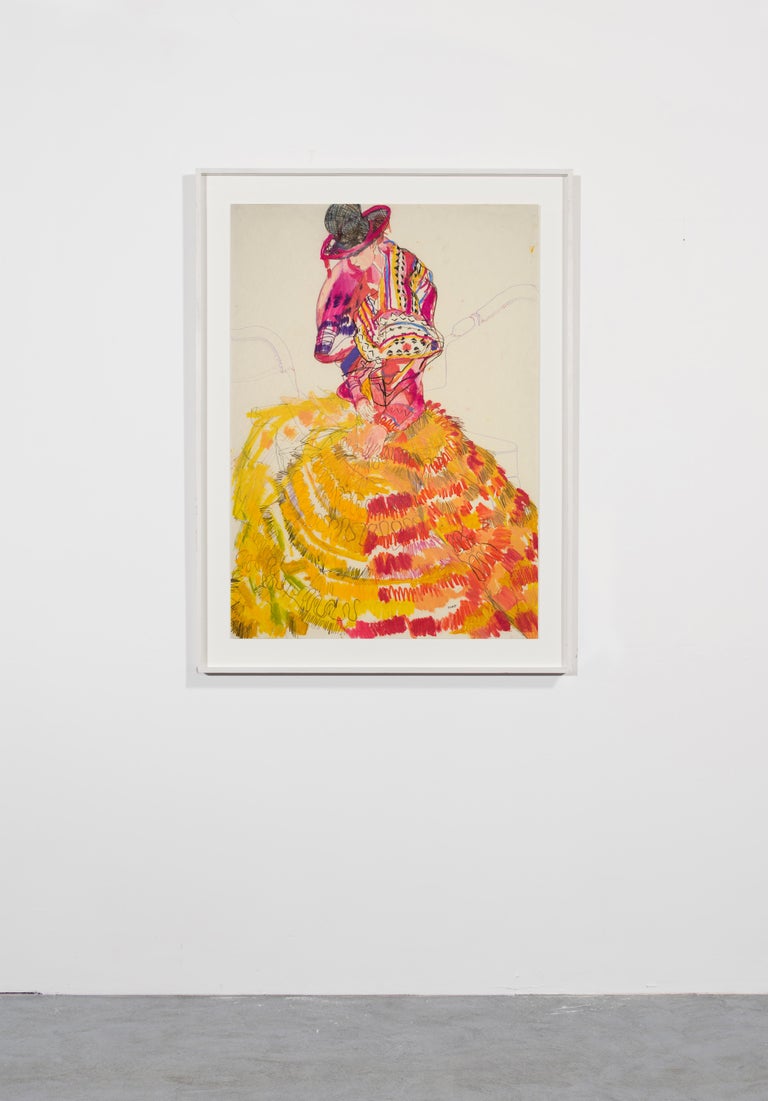 Emma (Seated - Dior Couture, Pink & Yellow), Mixed media on Pergamenata paper  - Contemporary Painting by Howard Tangye