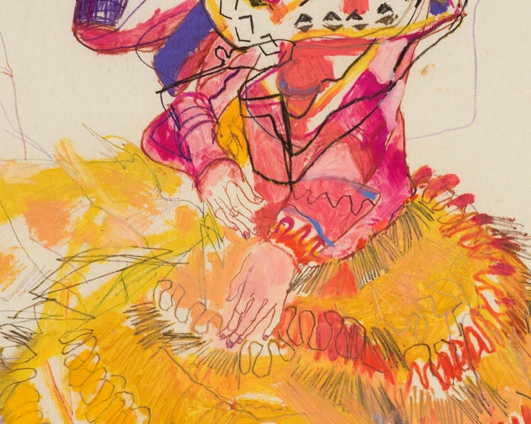 Emma (Seated - Dior Couture, Pink & Yellow), Mixed media on Pergamenata paper  For Sale 1