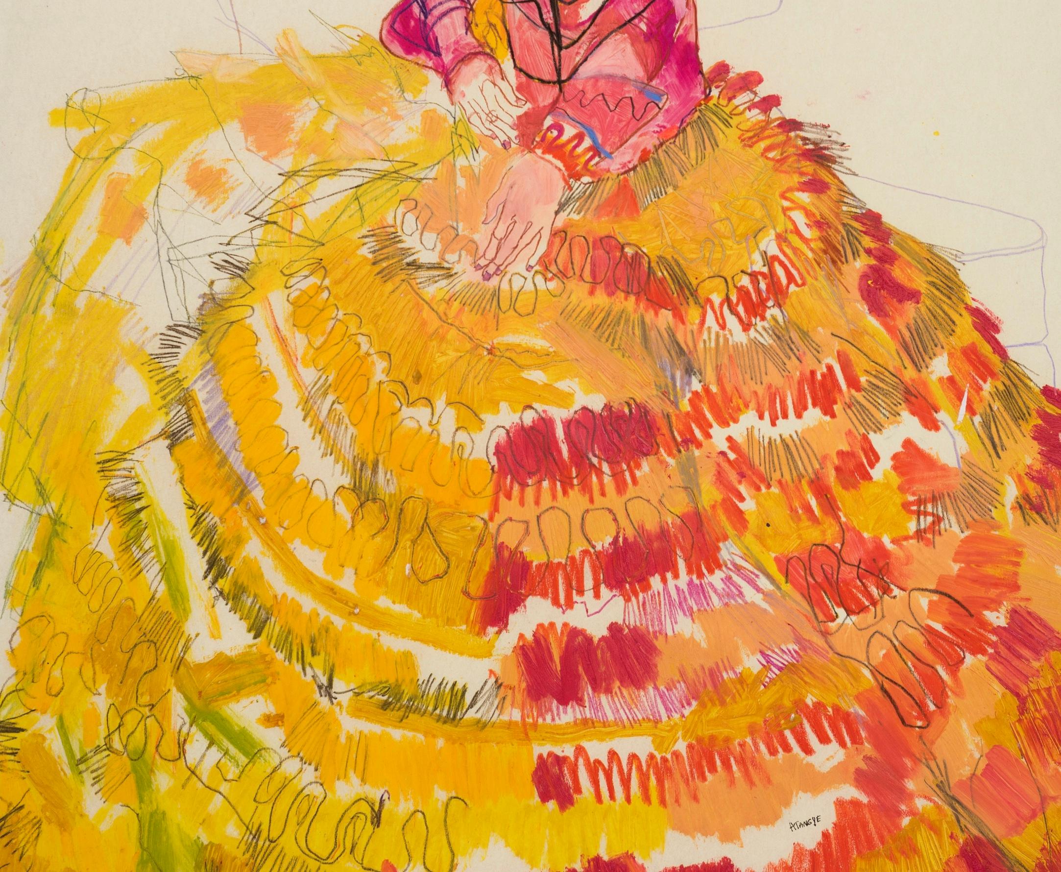Emma (Seated - Dior Couture, Pink & Yellow), Mixed media on Pergamenata paper  - Beige Figurative Painting by Howard Tangye