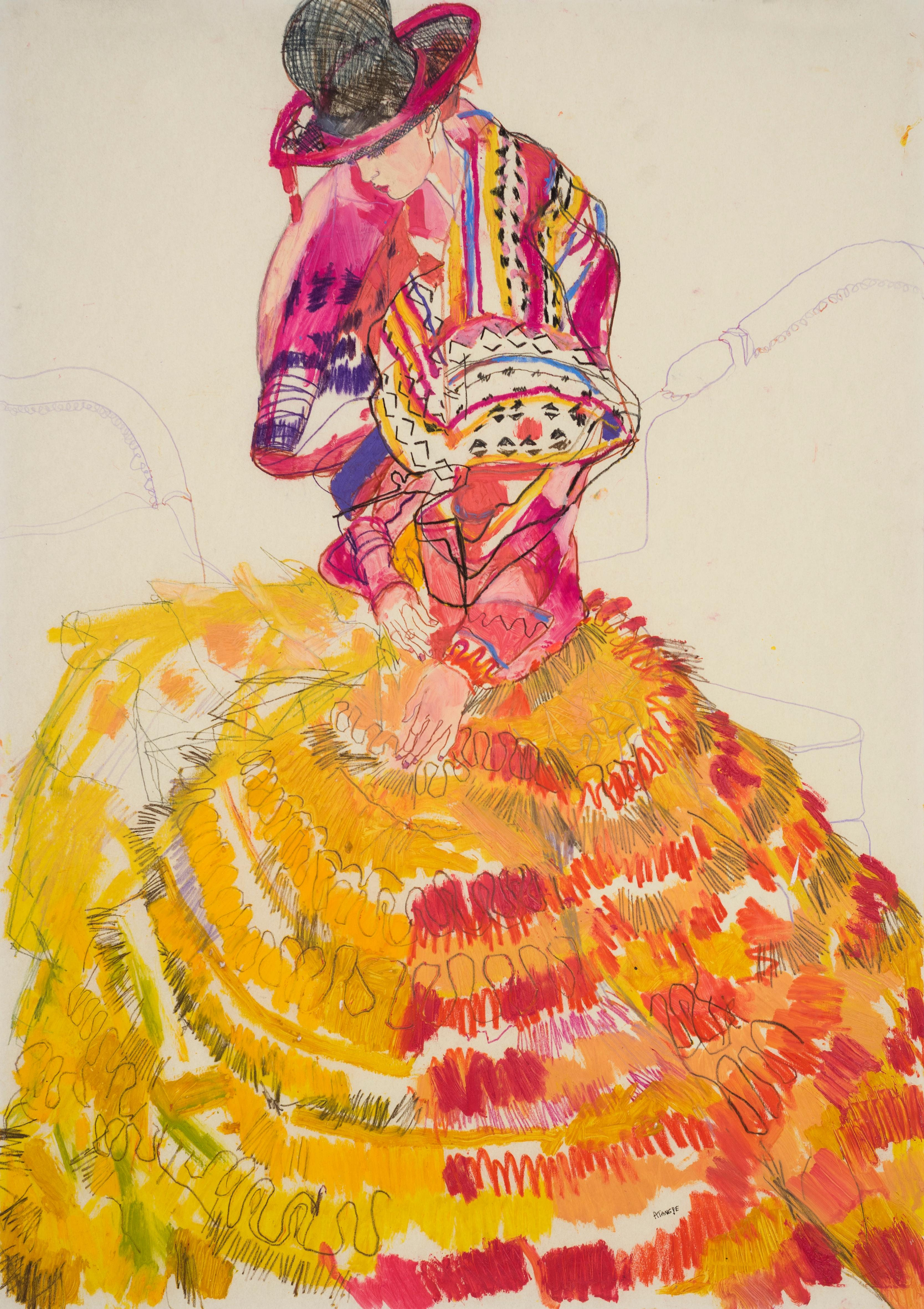 Emma (Seated - Dior Couture, Pink & Yellow), Mixed media on Pergamenata paper 