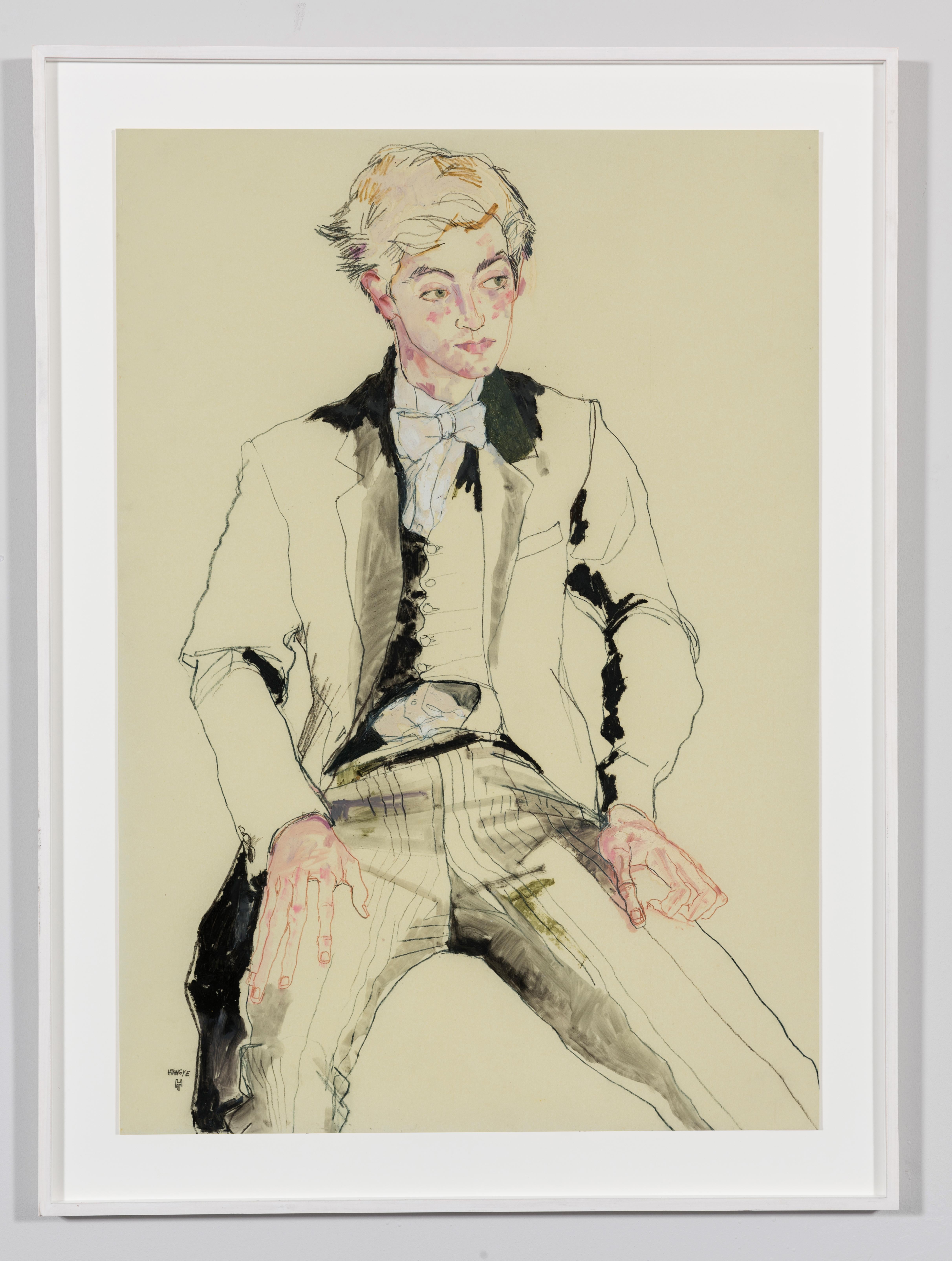 Eton Boy (Sitz), Mixed-Media auf Pergamenata-Pergament – Painting von Howard Tangye