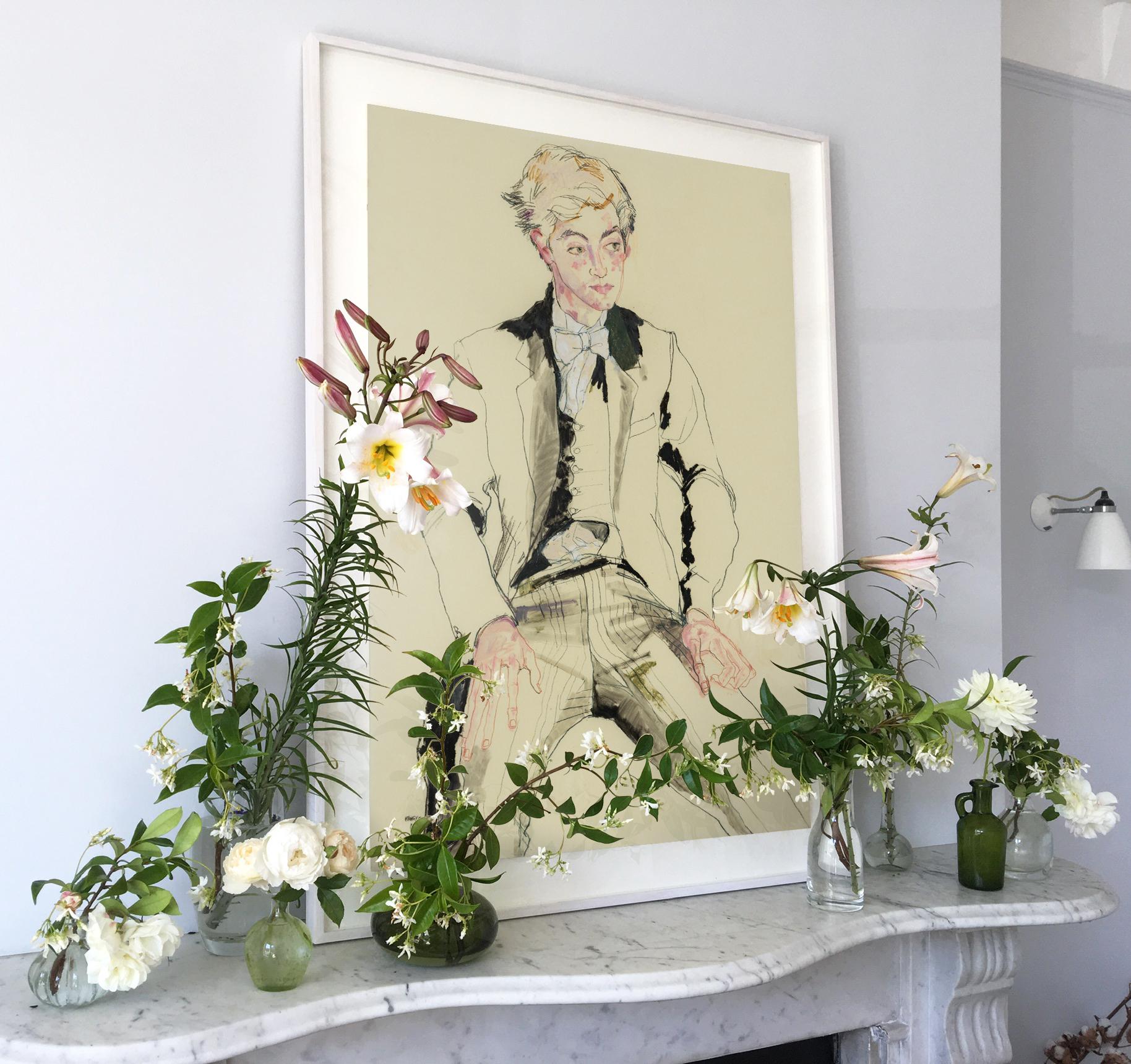 Eton Boy (Sitz), Mixed-Media auf Pergamenata-Pergament (Beige), Portrait Painting, von Howard Tangye