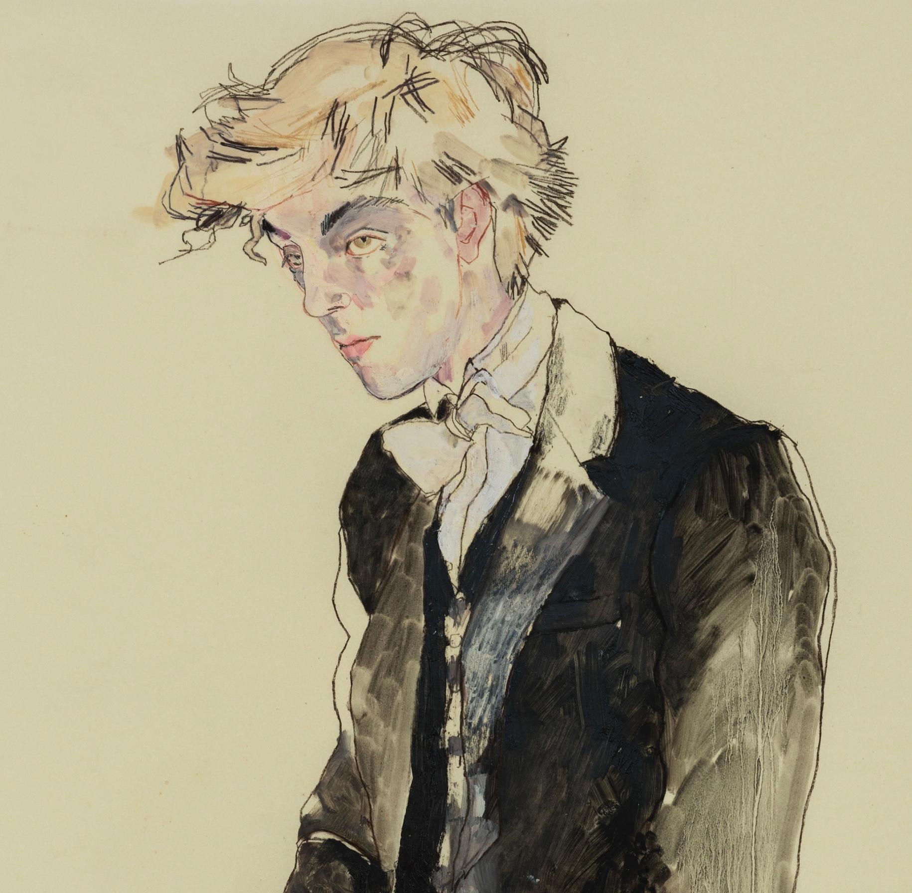 Eton Boy (Sitting), Mixed media on Pergamenata parchment - Contemporary Painting by Howard Tangye