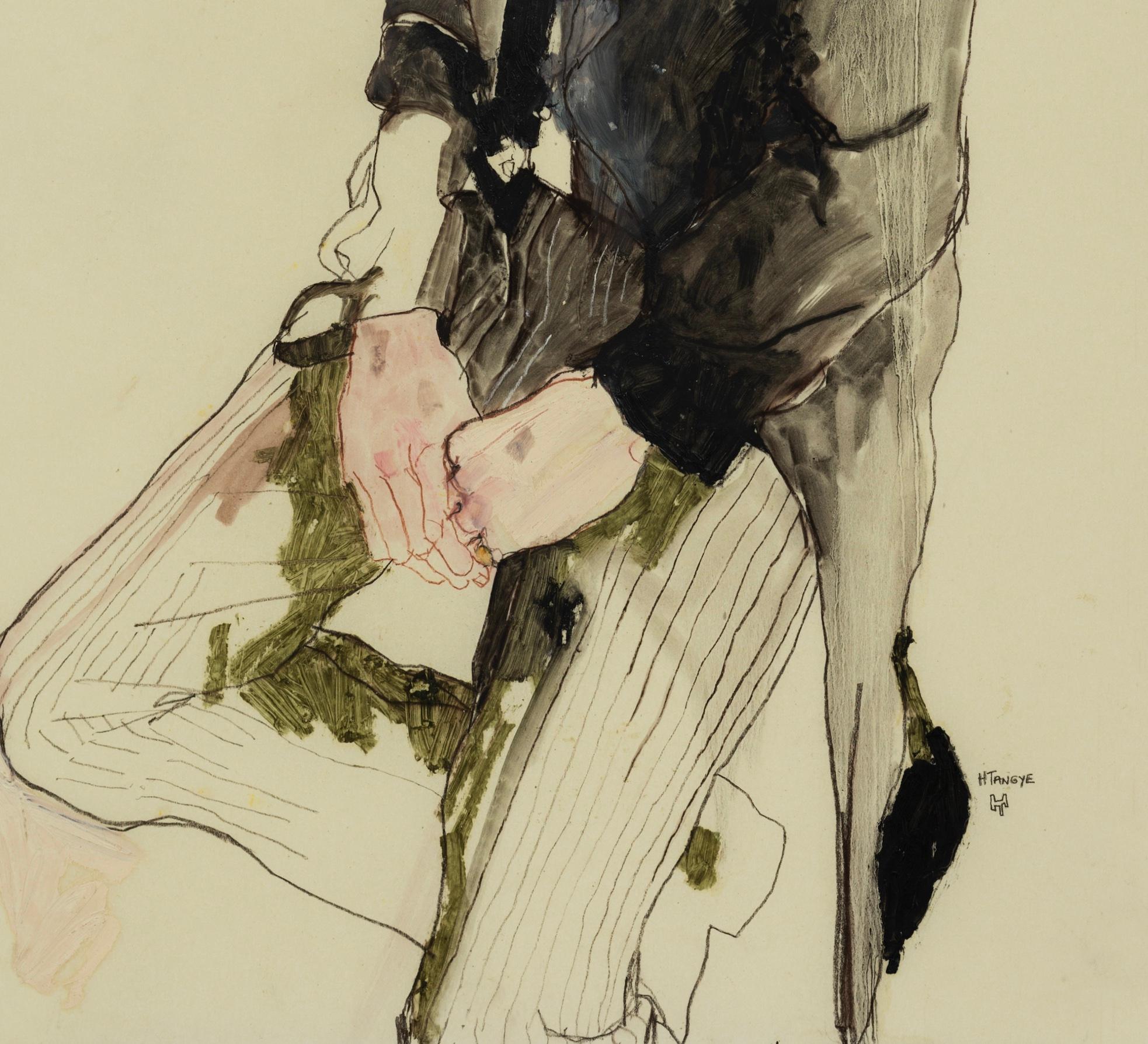 Eton Boy (Sitting), Mixed media on Pergamenata parchment - Beige Figurative Painting by Howard Tangye