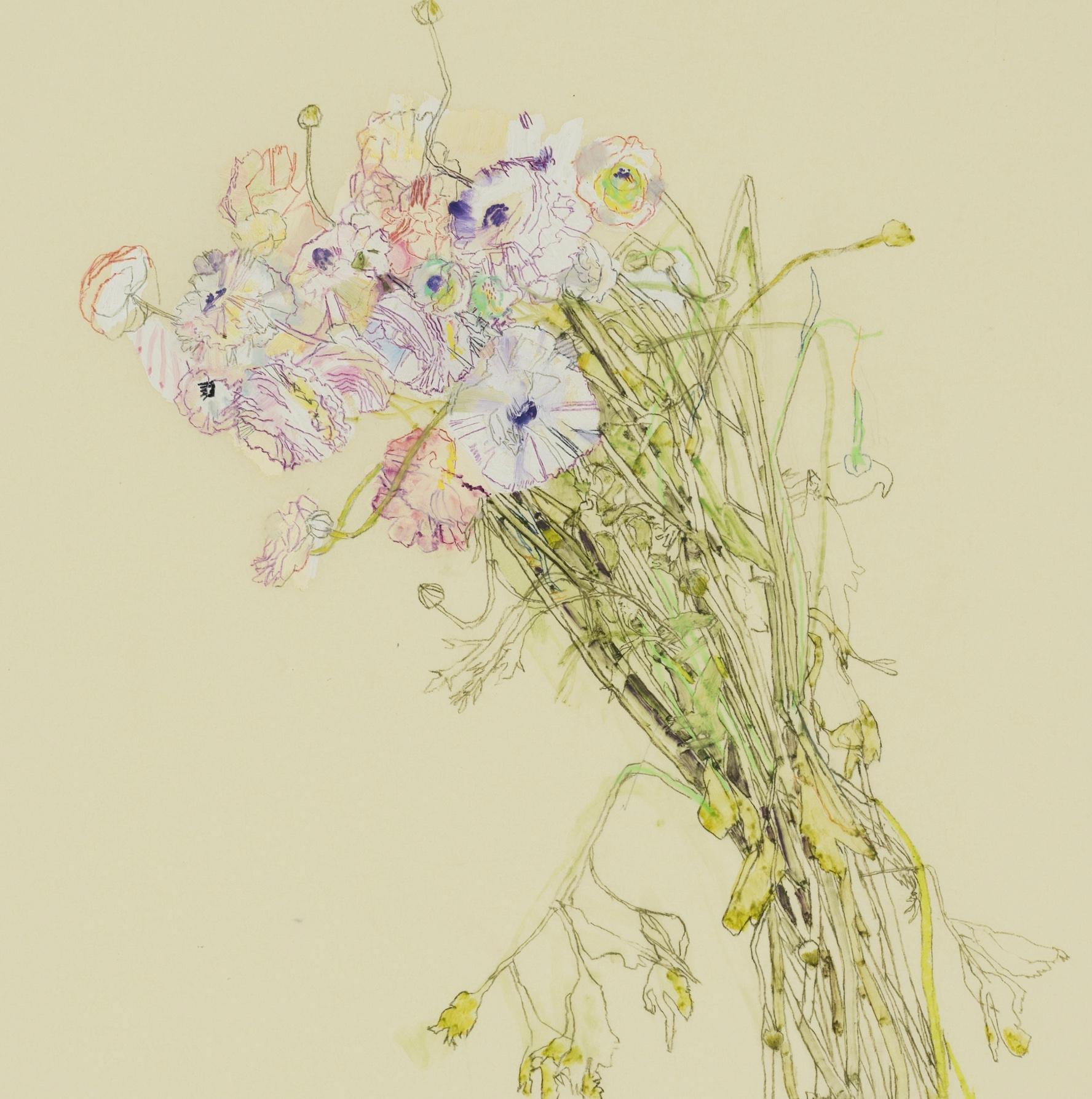 Flowers (A Bunch), Mixed media on Pergamenata parchment - Beige Still-Life by Howard Tangye
