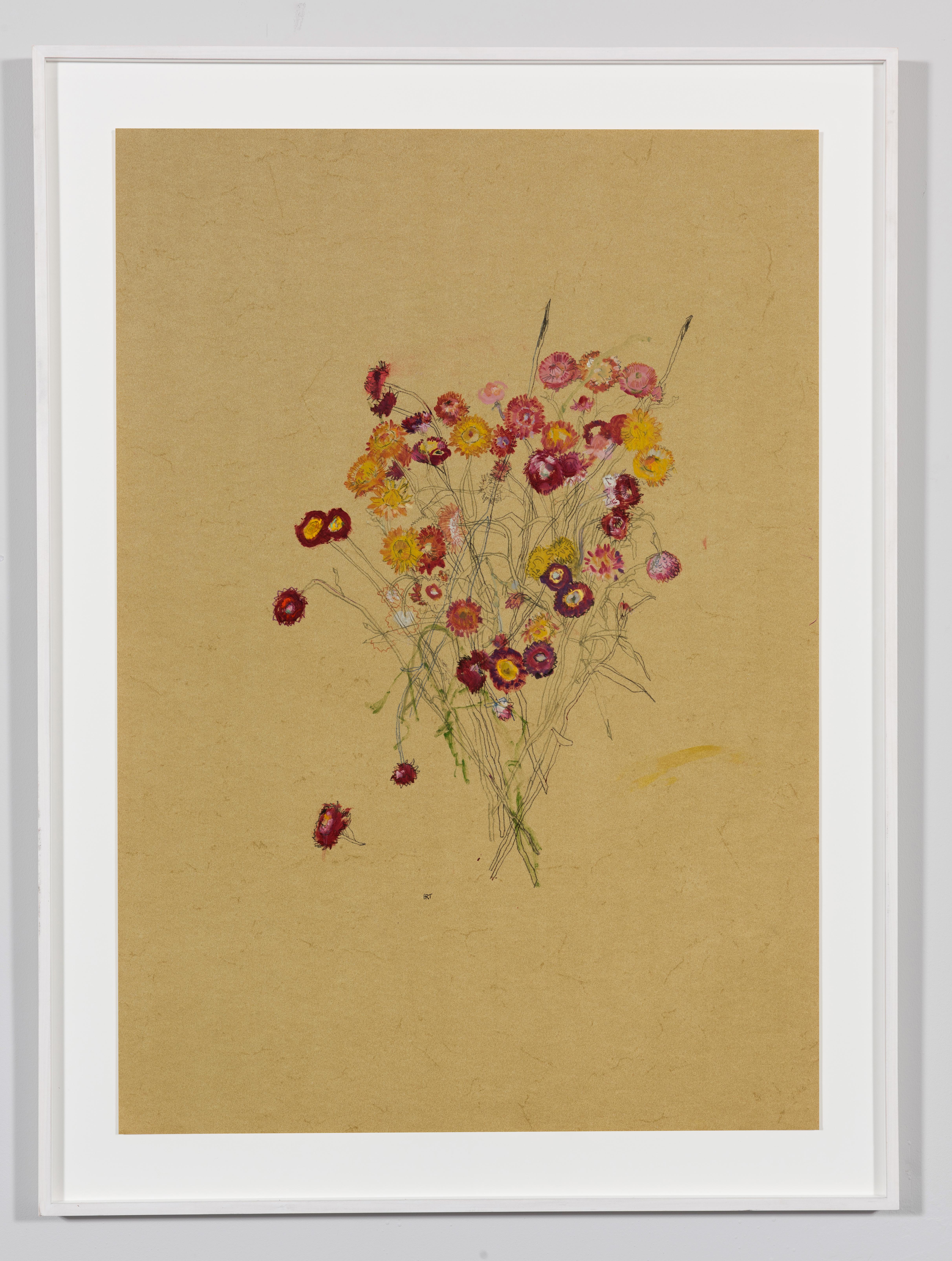 Flowers (Helichrysum), Mixed media on ochre parchment - Painting by Howard Tangye