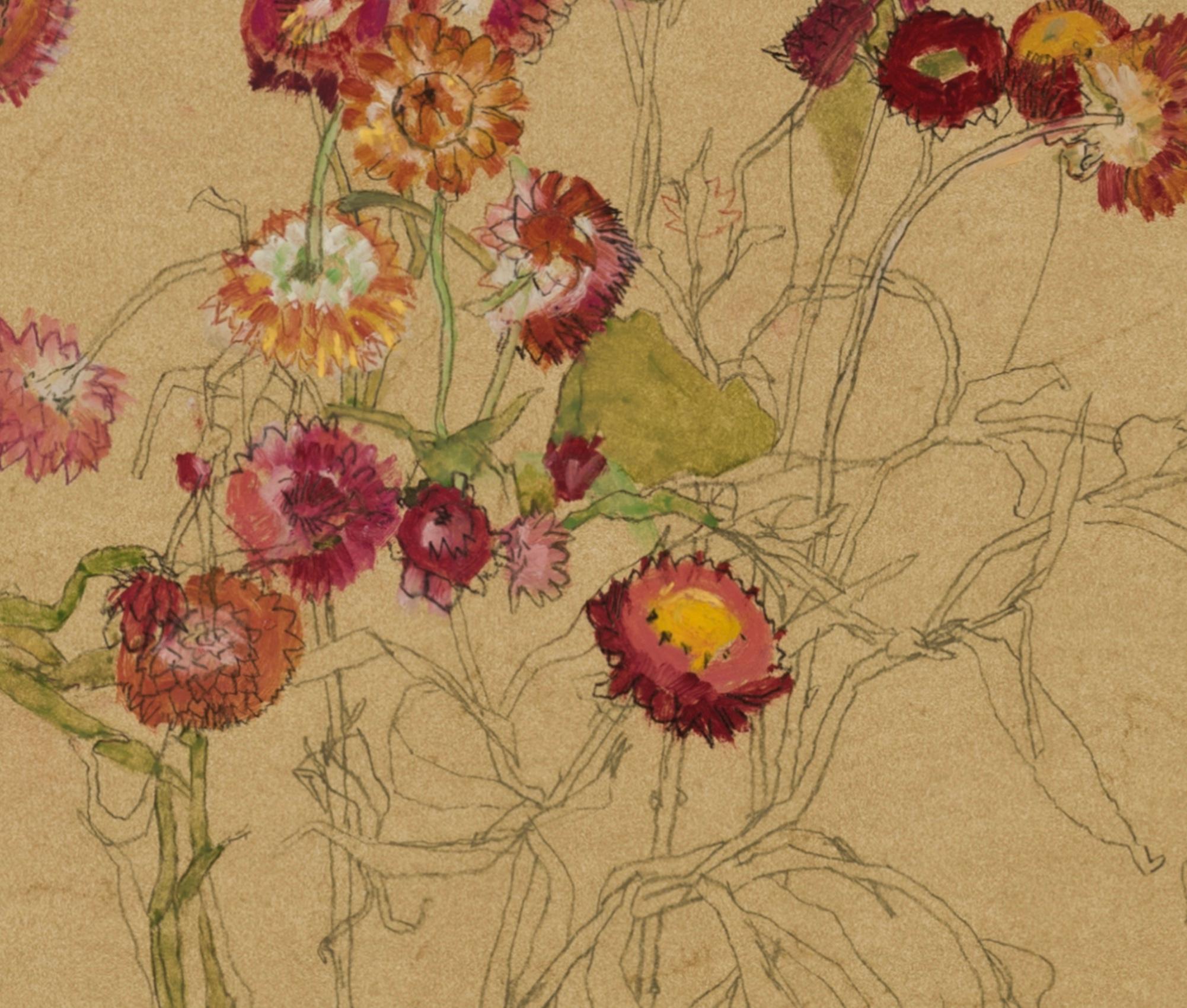 Flowers (Helichrysum), Mixed media on ochre parchment For Sale 1