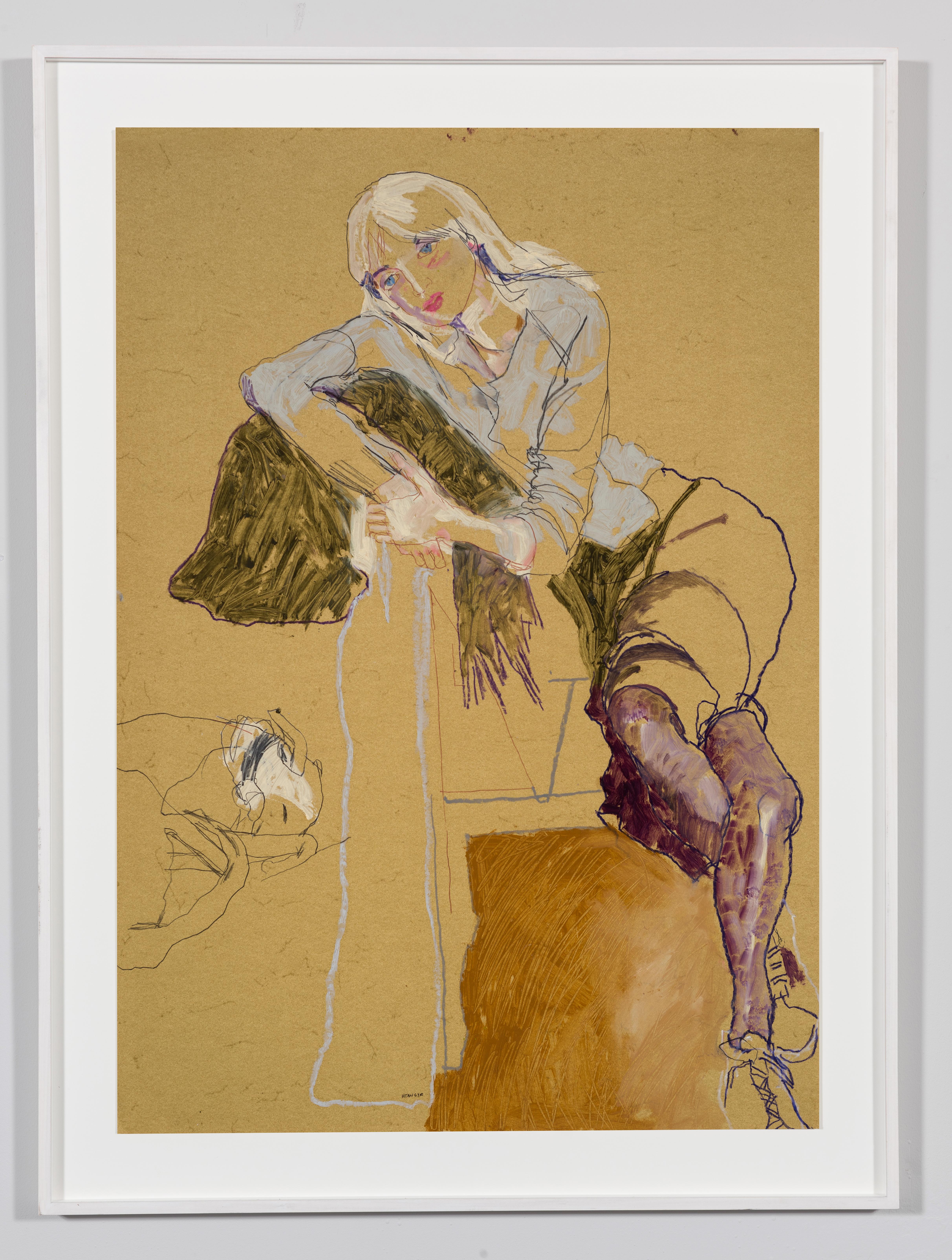 Freya (Reclining with Sleeping Dog), Mixed media on ochre paper - Painting by Howard Tangye