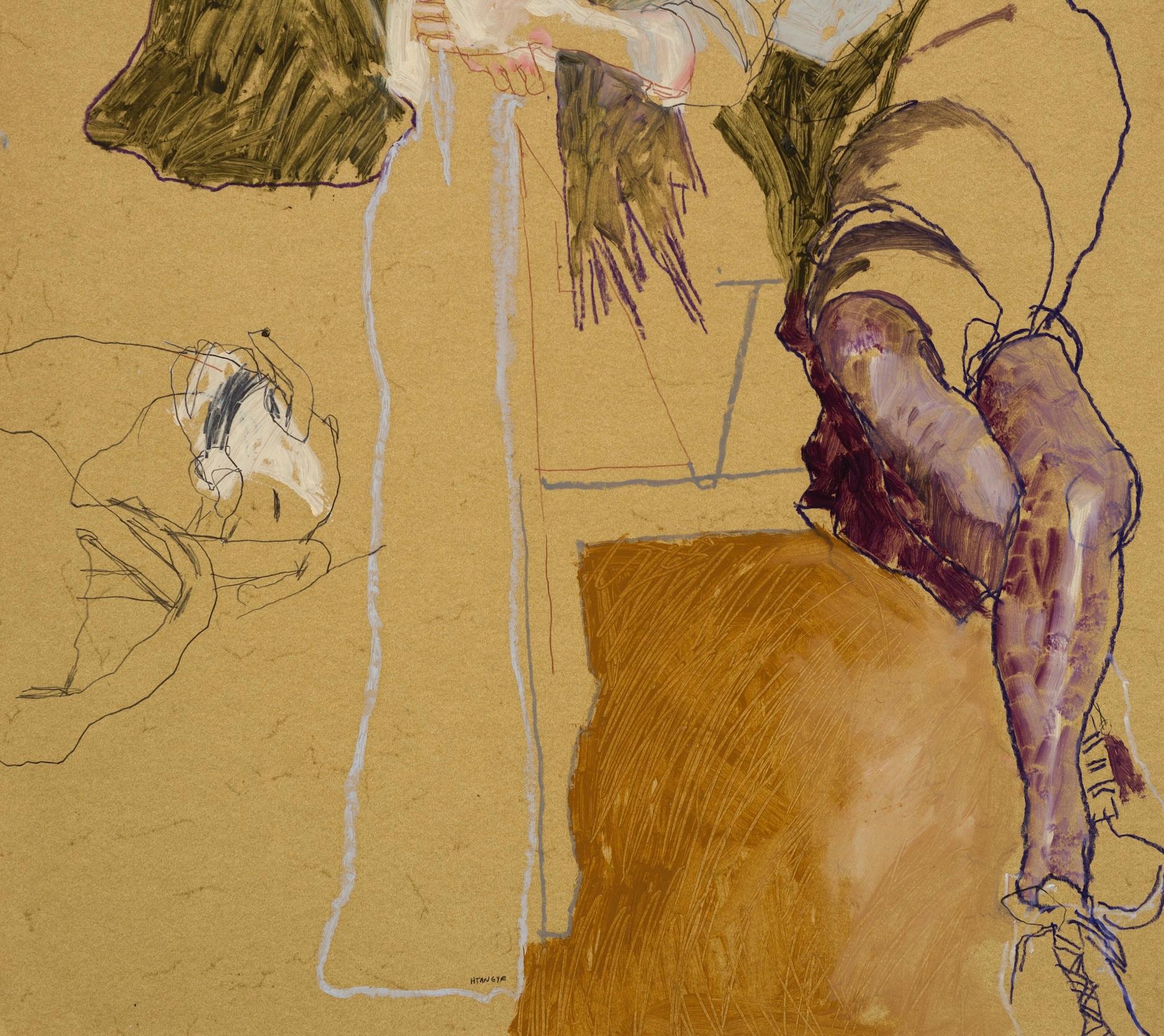 Freya (Reclining with Sleeping Dog), Mixed media on ochre paper - Contemporary Painting by Howard Tangye