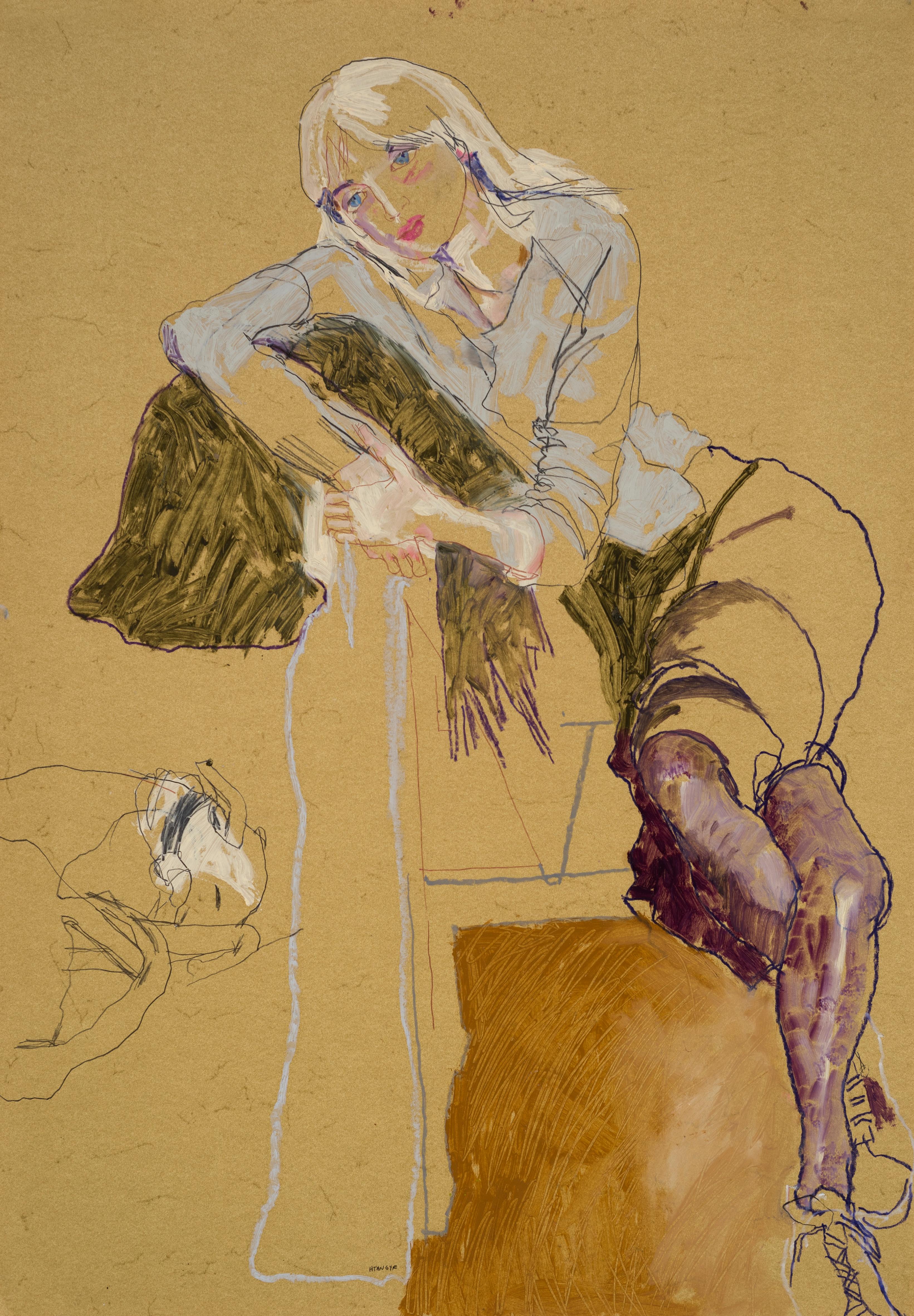 Howard Tangye Figurative Painting - Freya (Reclining with Sleeping Dog), Mixed media on ochre paper