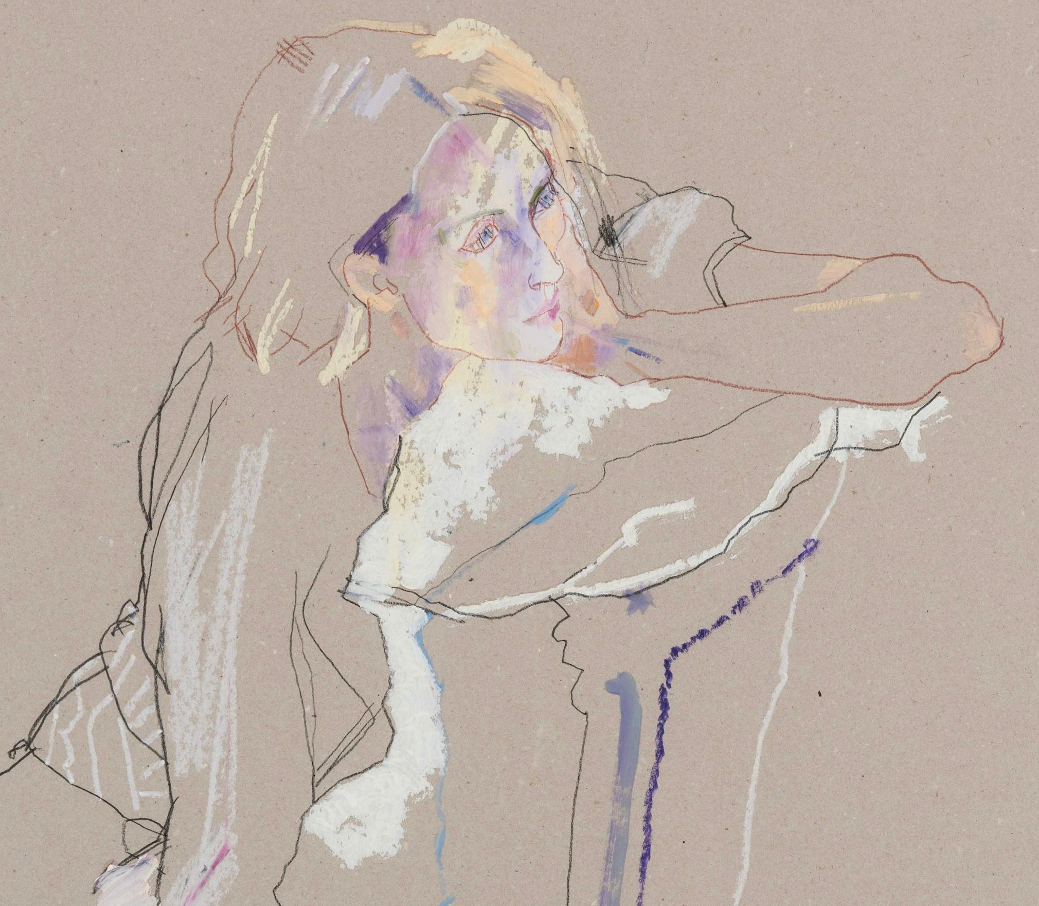 Freya (Seated Backwards), Mixed media on grey board - Contemporary Painting by Howard Tangye
