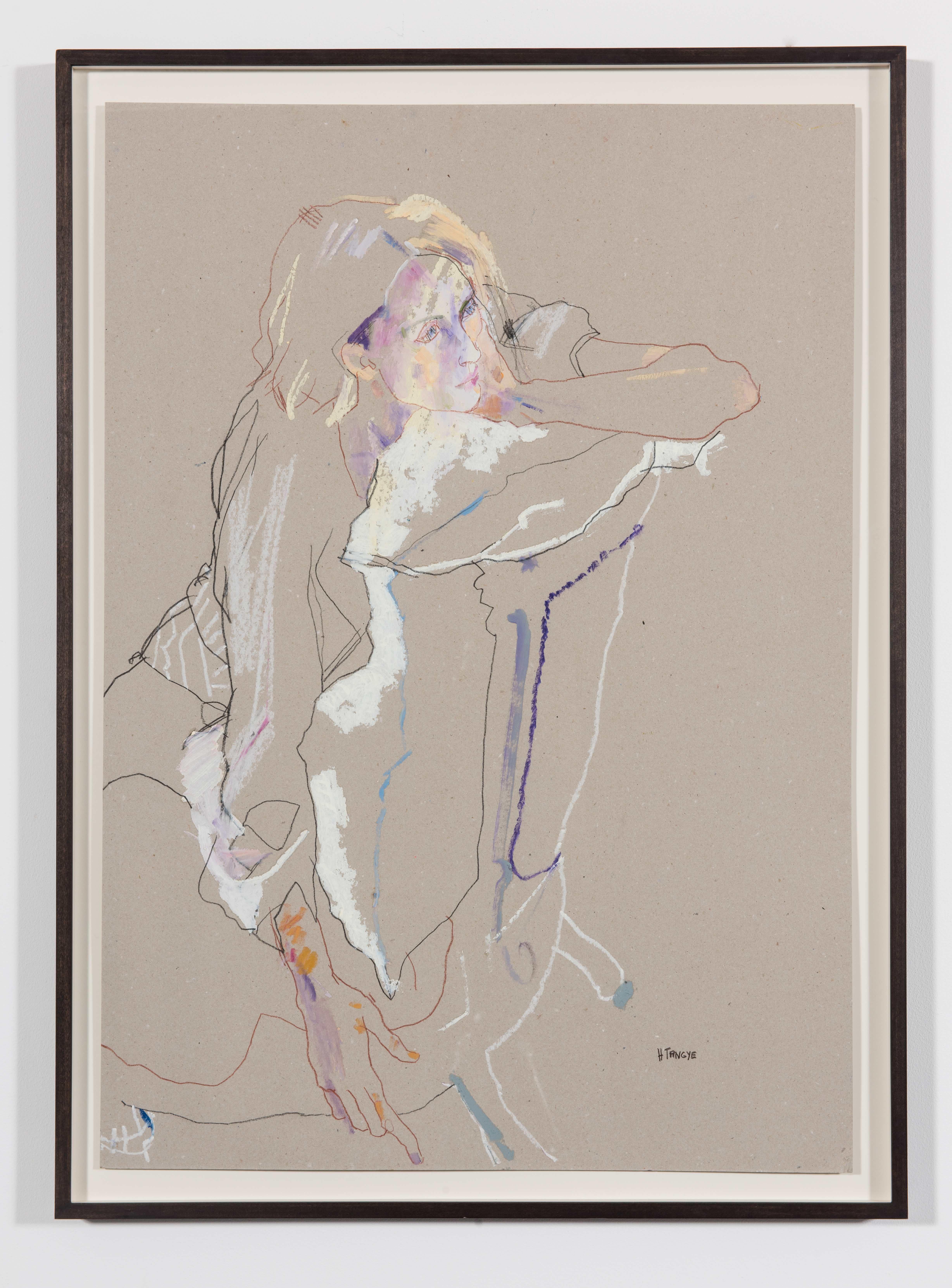 Howard Tangye Figurative Painting - Freya (Seated Backwards), Mixed media on grey board