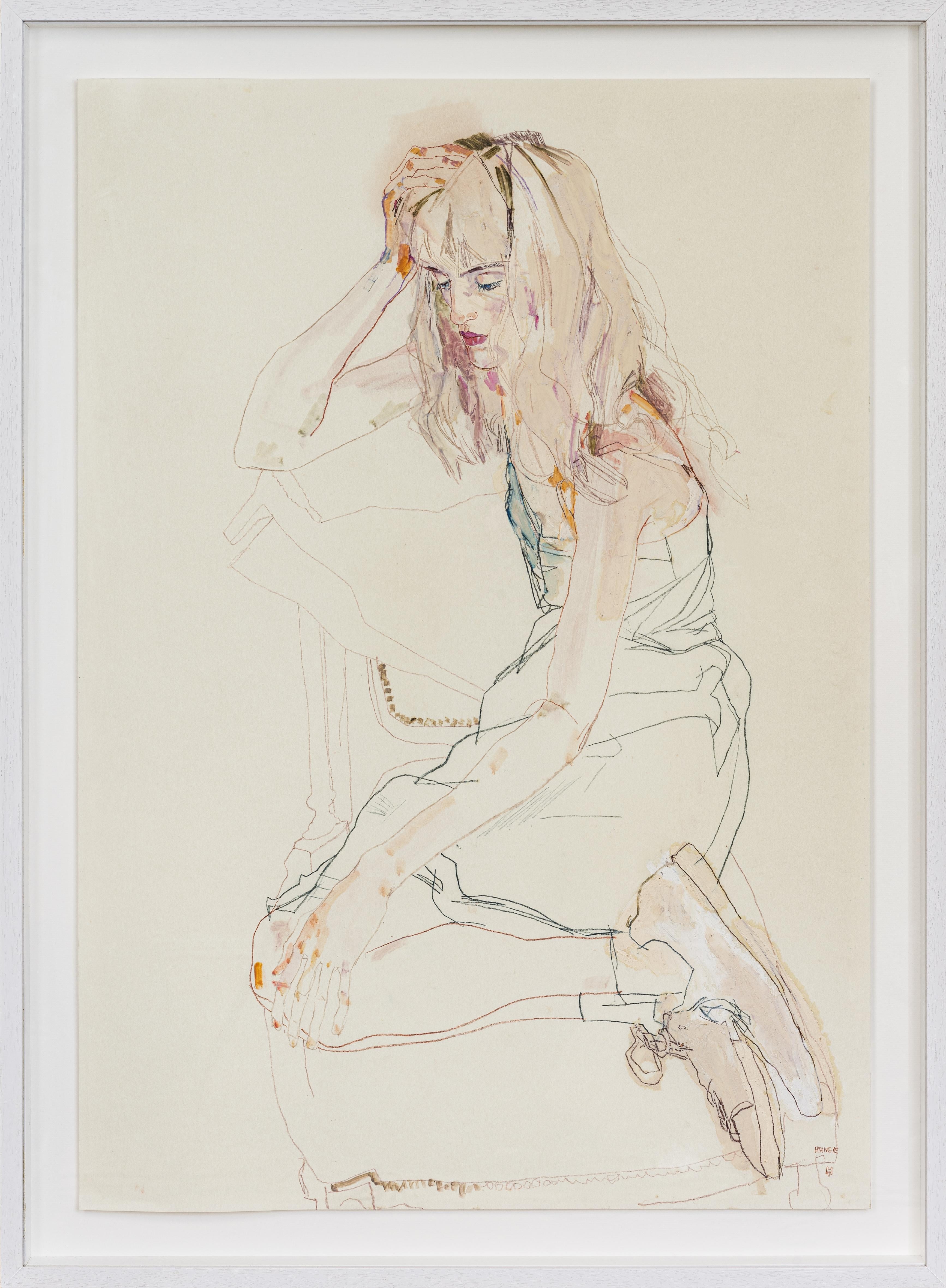 Freya (Sitting, legs folded inwards), Mixed media on parchment - Painting by Howard Tangye