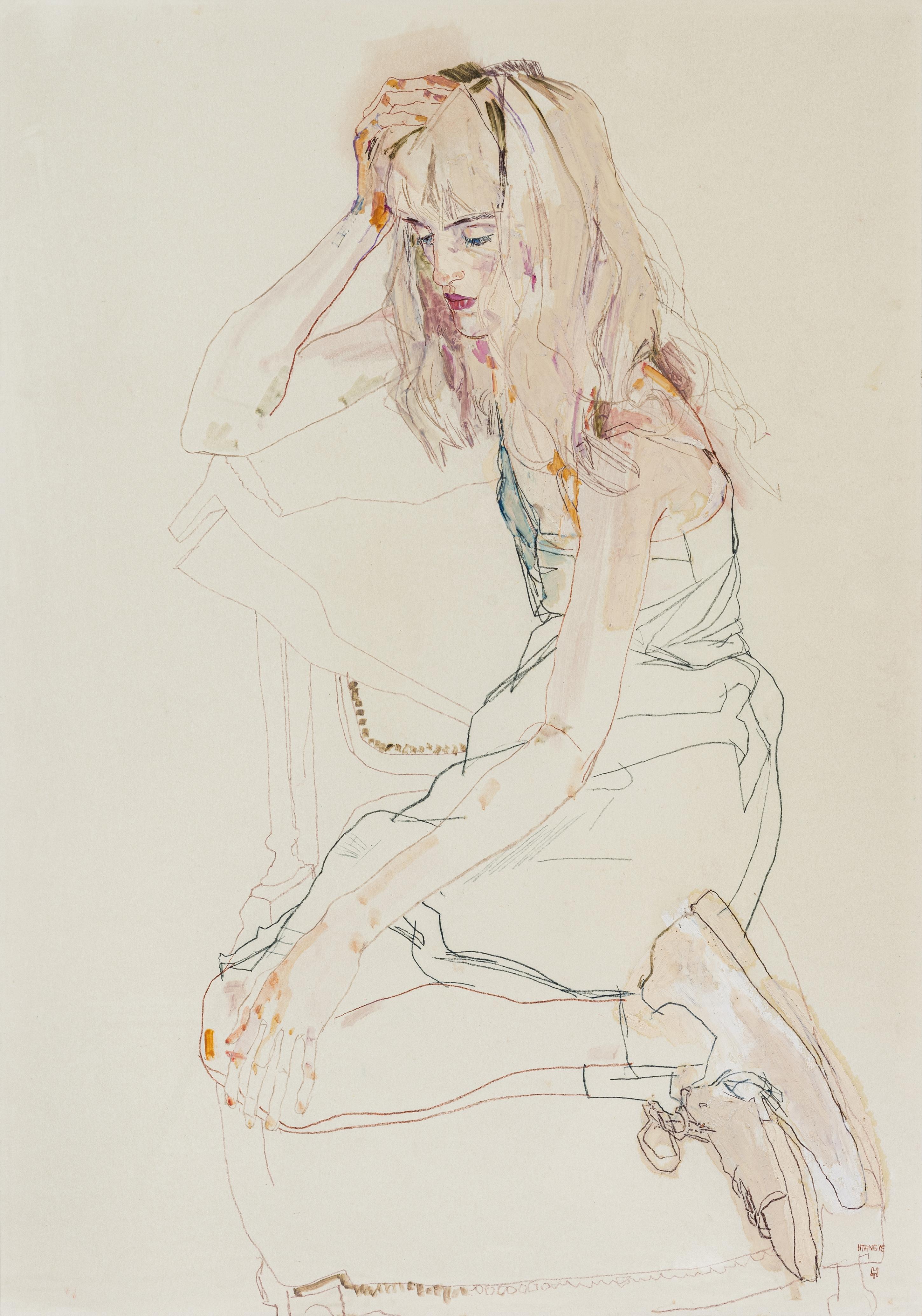 Howard Tangye Figurative Painting - Freya (Sitting, legs folded inwards), Mixed media on parchment