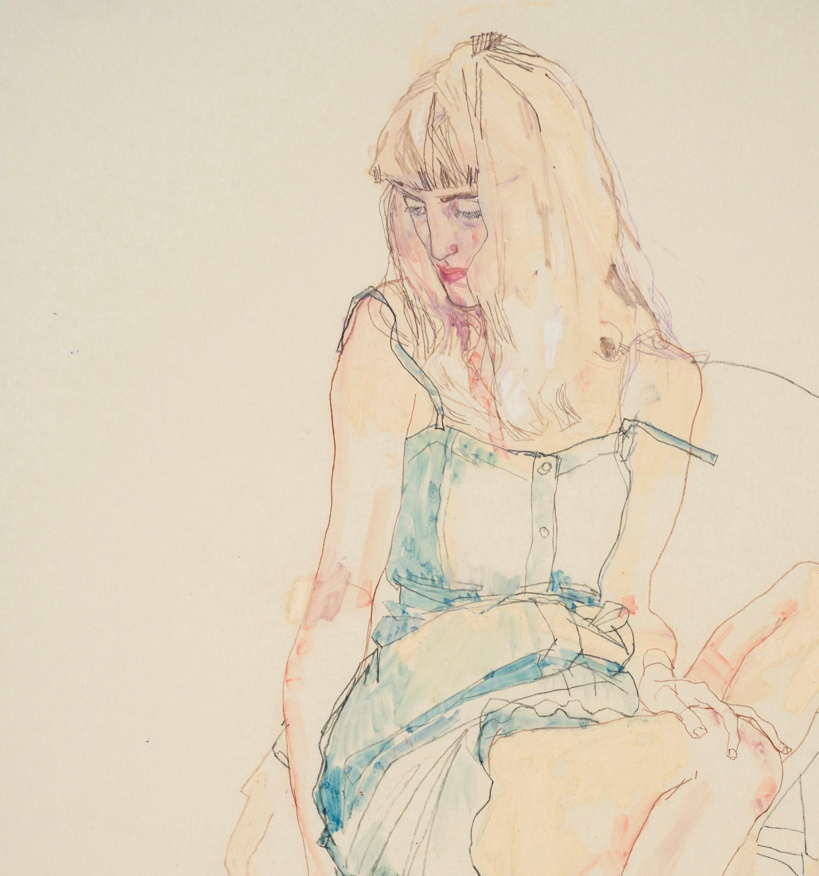 Freya (Sitting, Turning Away - Blue Dress), Mixed media on Pergamenata parchment - Contemporary Art by Howard Tangye