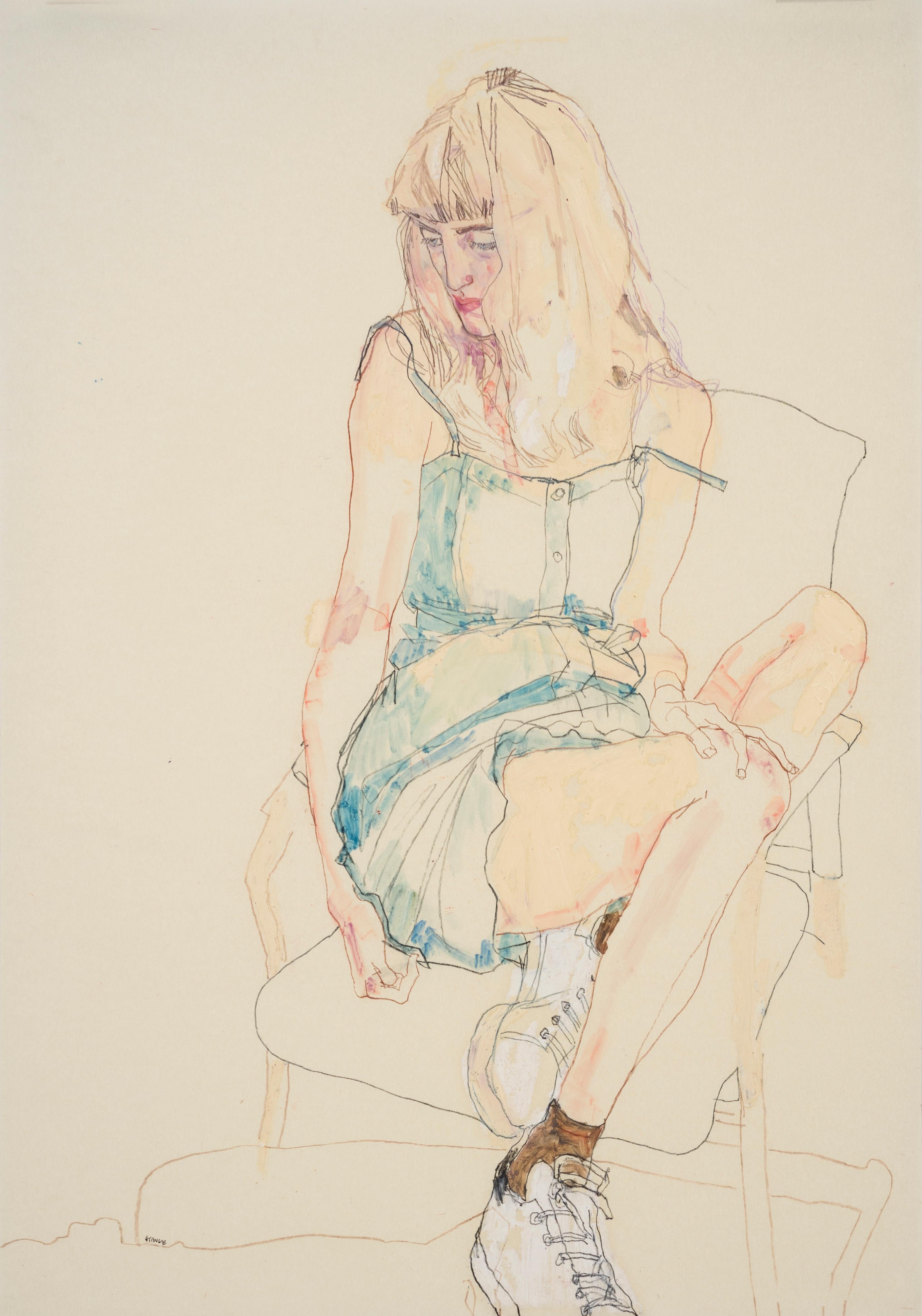 Howard Tangye Figurative Art - Freya (Sitting, Turning Away - Blue Dress), Mixed media on Pergamenata parchment