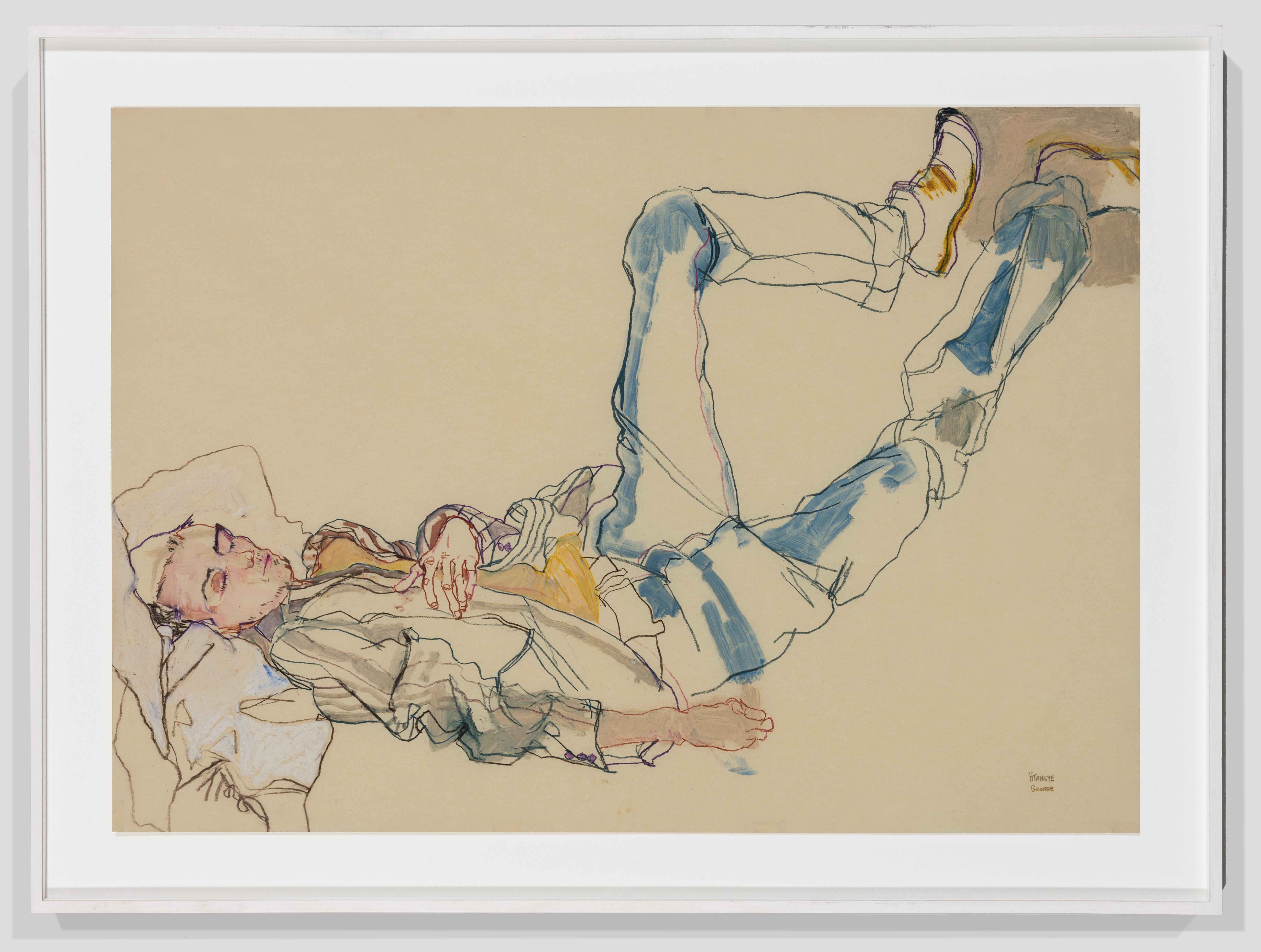 George (Sleeping, Feet up), Mixed media on Pergamenata parchment - Painting by Howard Tangye
