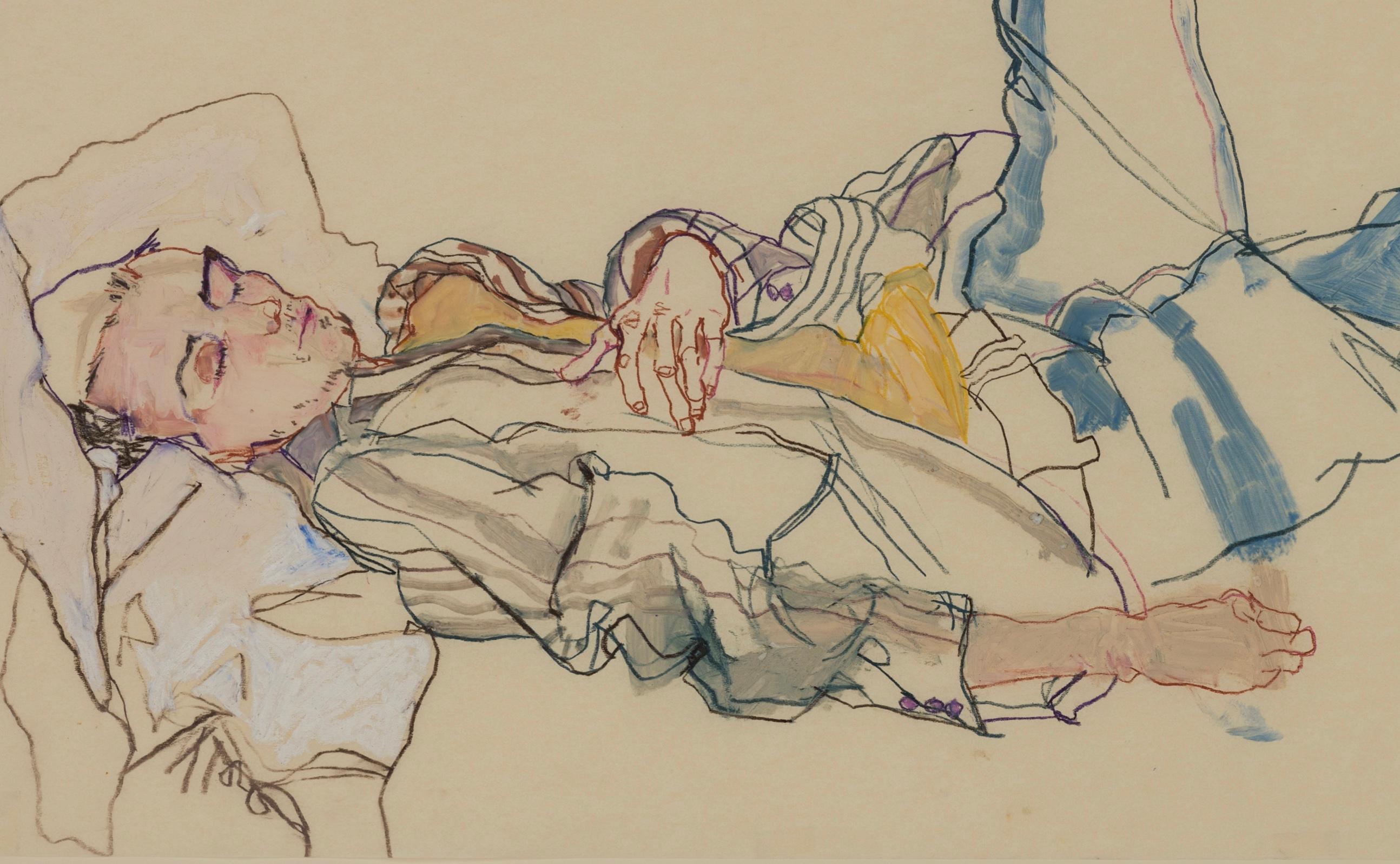 George (Sleeping, Feet up), Mixed media on Pergamenata parchment - Contemporary Painting by Howard Tangye