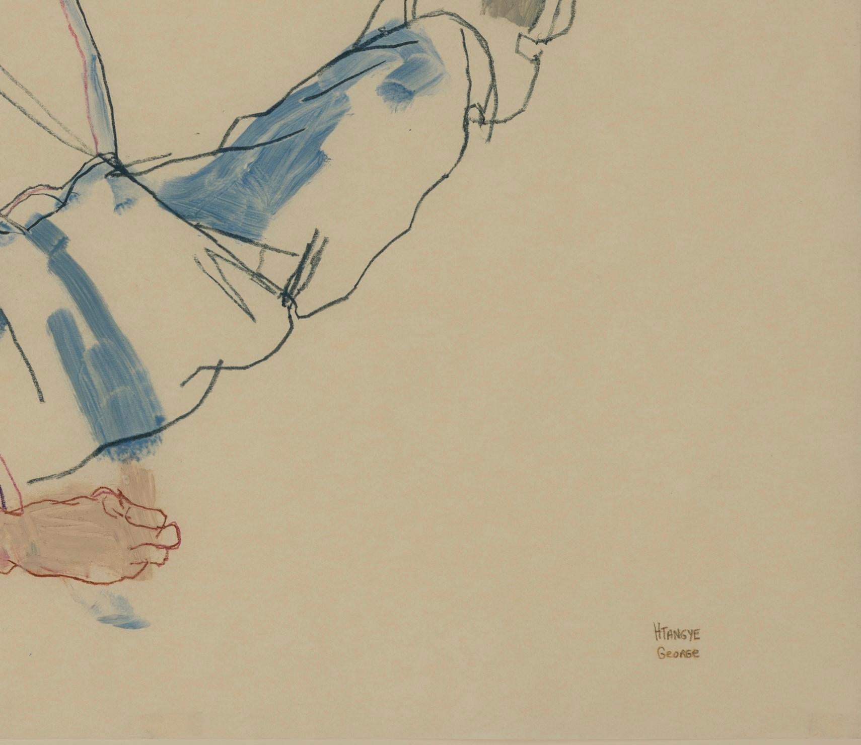 George (Sleeping, Feet up), Mixed media on Pergamenata parchment - Beige Portrait Painting by Howard Tangye
