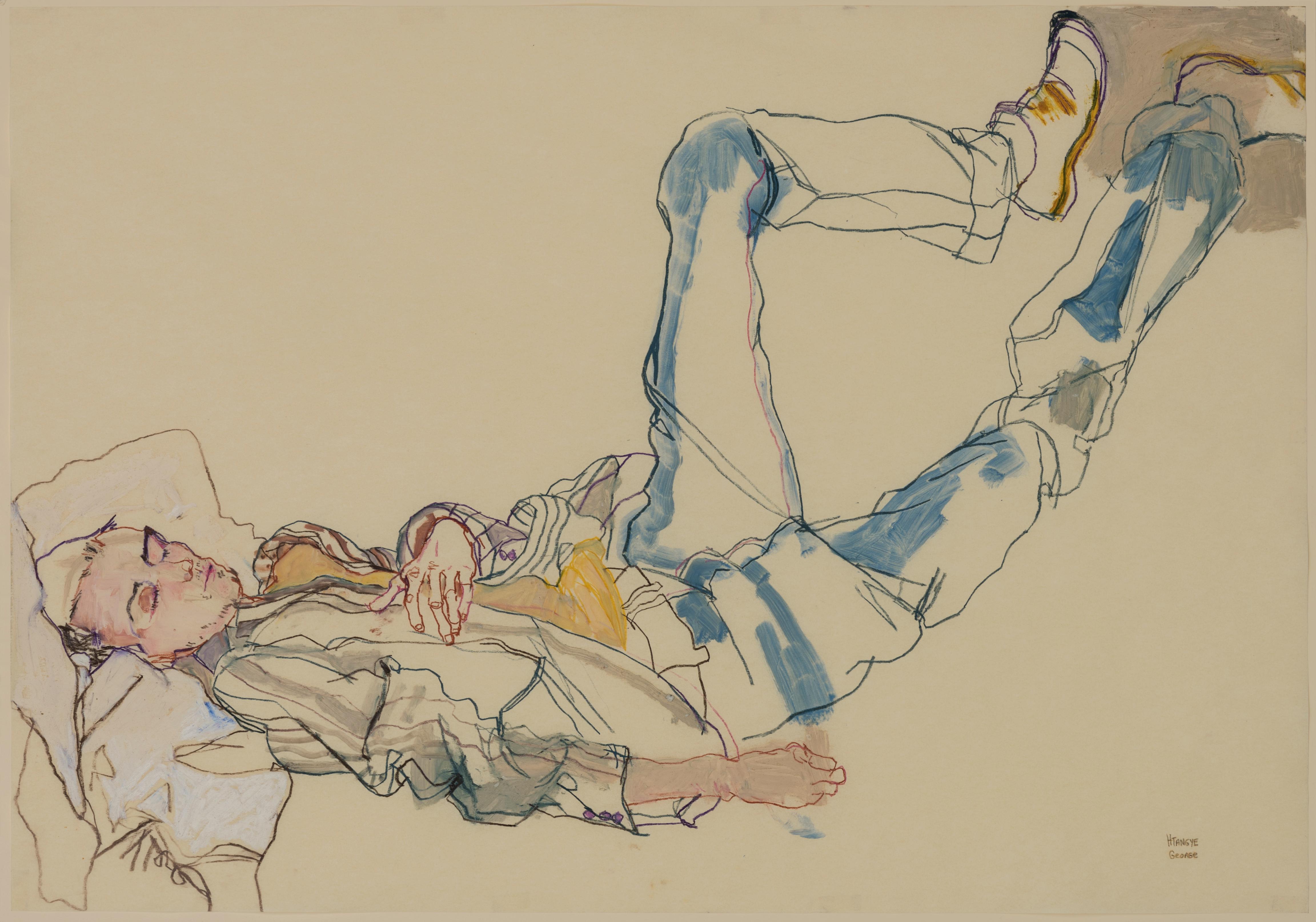 Howard Tangye Portrait Painting - George (Sleeping, Feet up), Mixed media on Pergamenata parchment