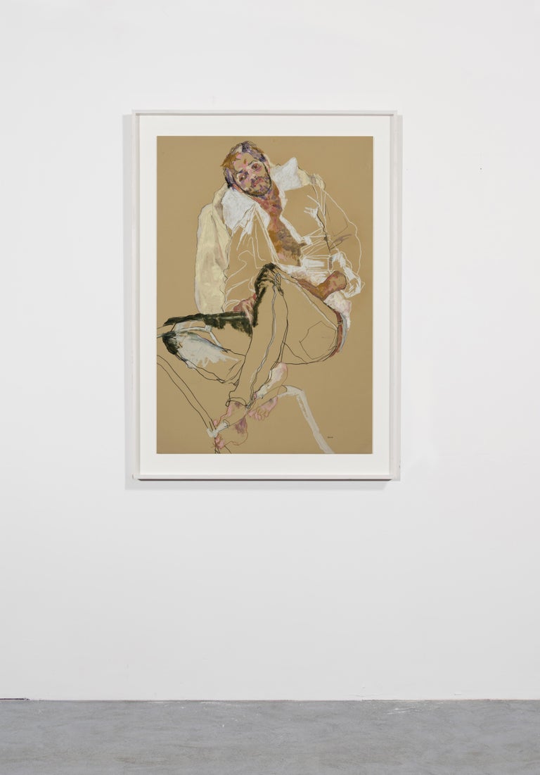 Giorgio (Lying on Pillows), Mixed media on Rives ochre paper - Contemporary Painting by Howard Tangye