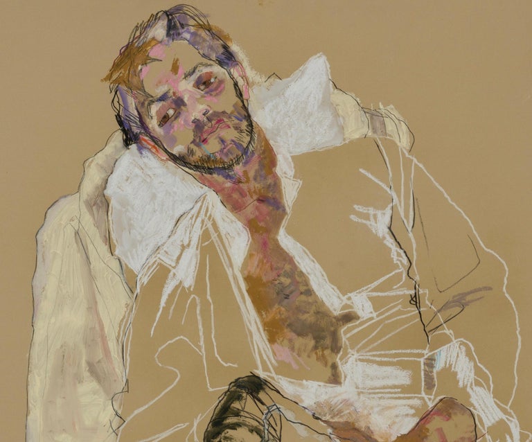 Giorgio (Lying on Pillows), Mixed media on Rives ochre paper - Brown Figurative Painting by Howard Tangye