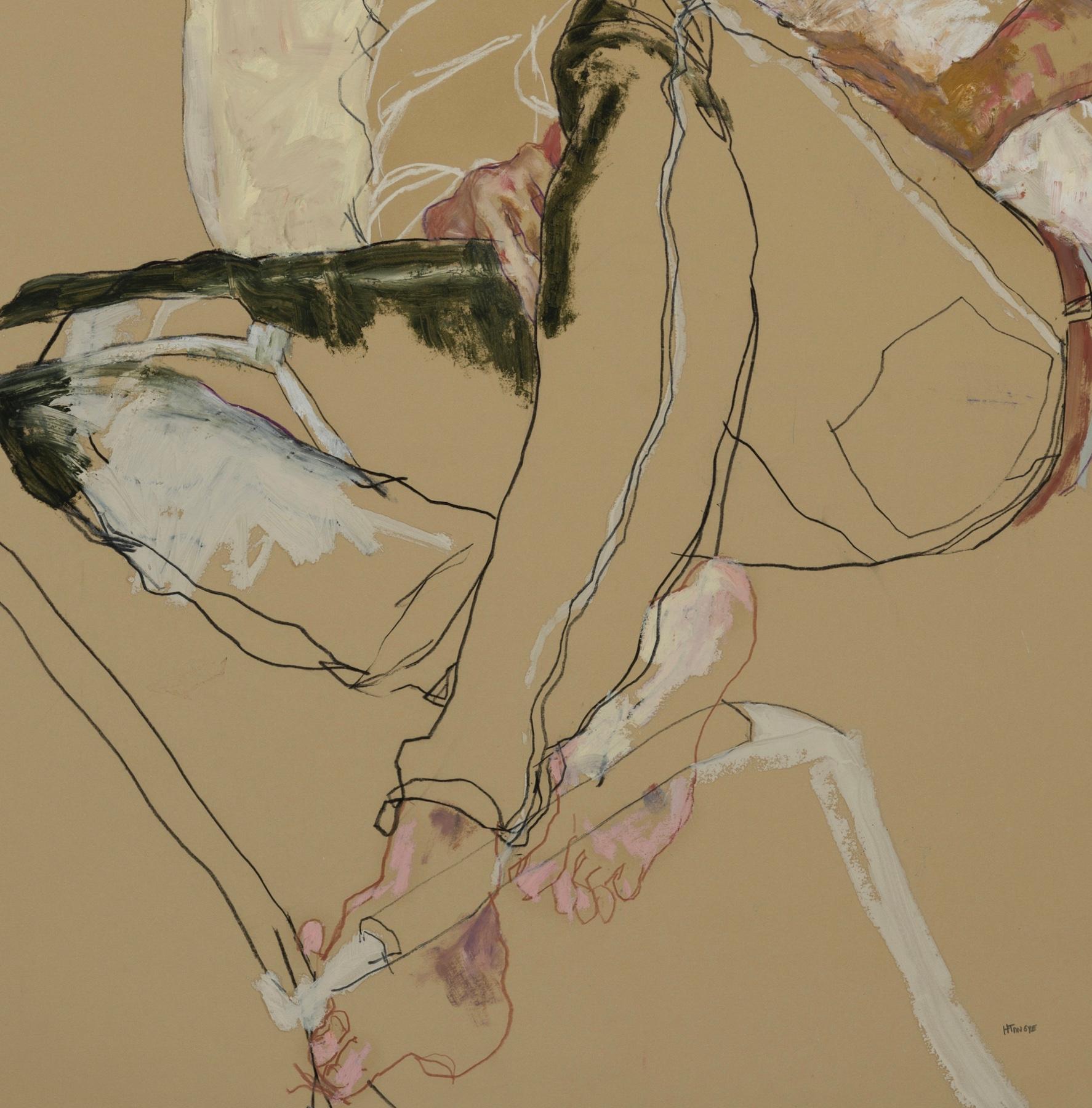 Giorgio (Lying on Pillows), Mixed media on Rives ochre paper - Brown Figurative Painting by Howard Tangye