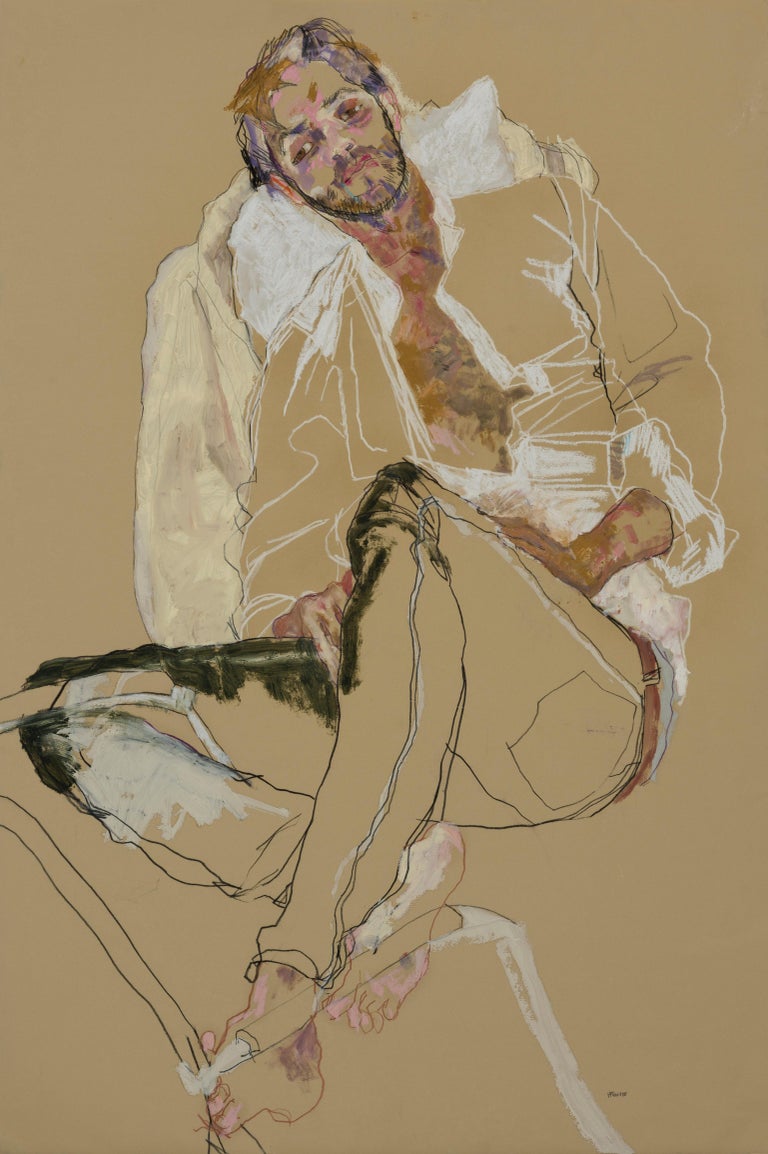 Howard Tangye Figurative Painting - Giorgio (Lying on Pillows), Mixed media on Rives ochre paper