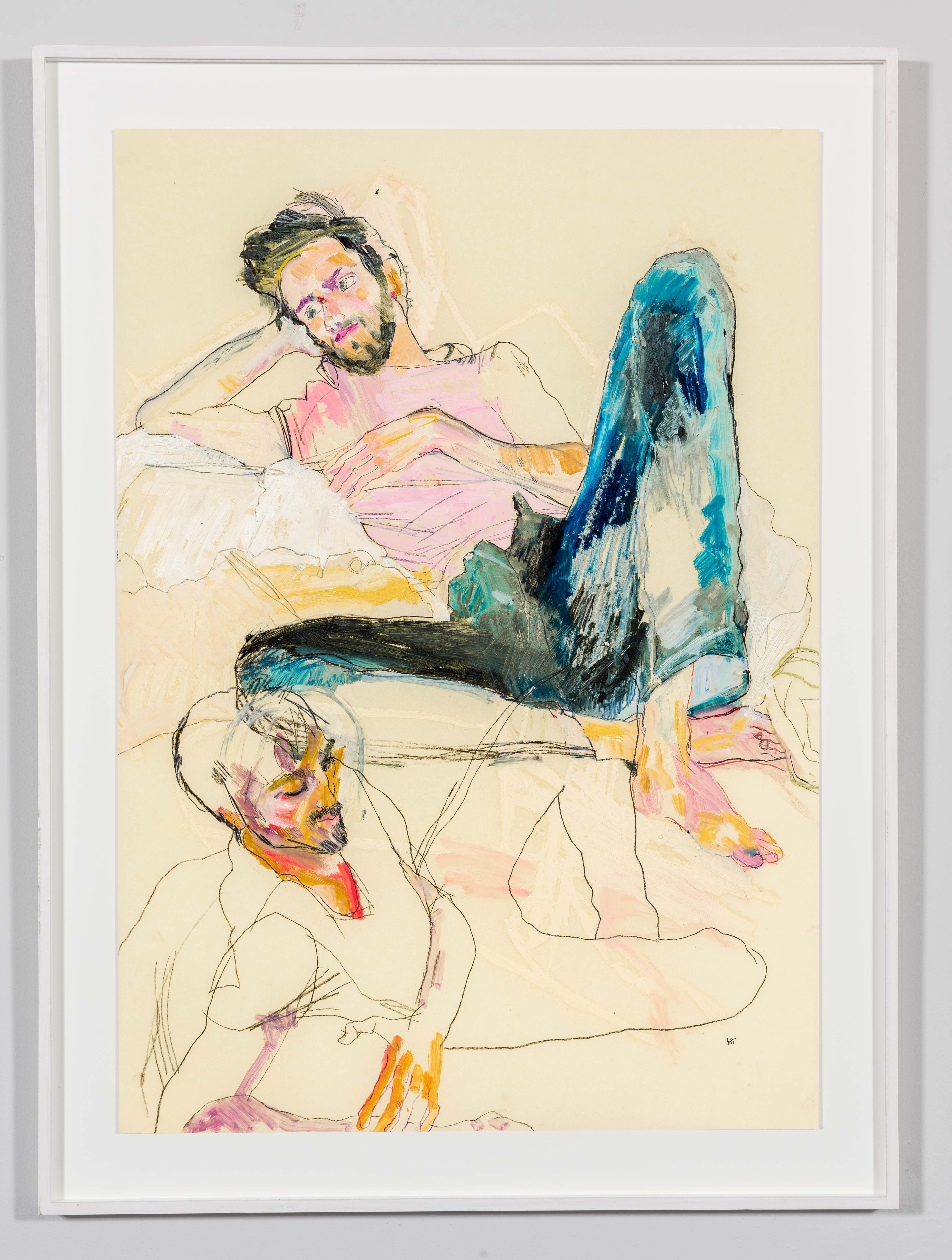 Giorgio (Two figures, pink & blue), Mixed media on Pergameneta parchment - Art by Howard Tangye