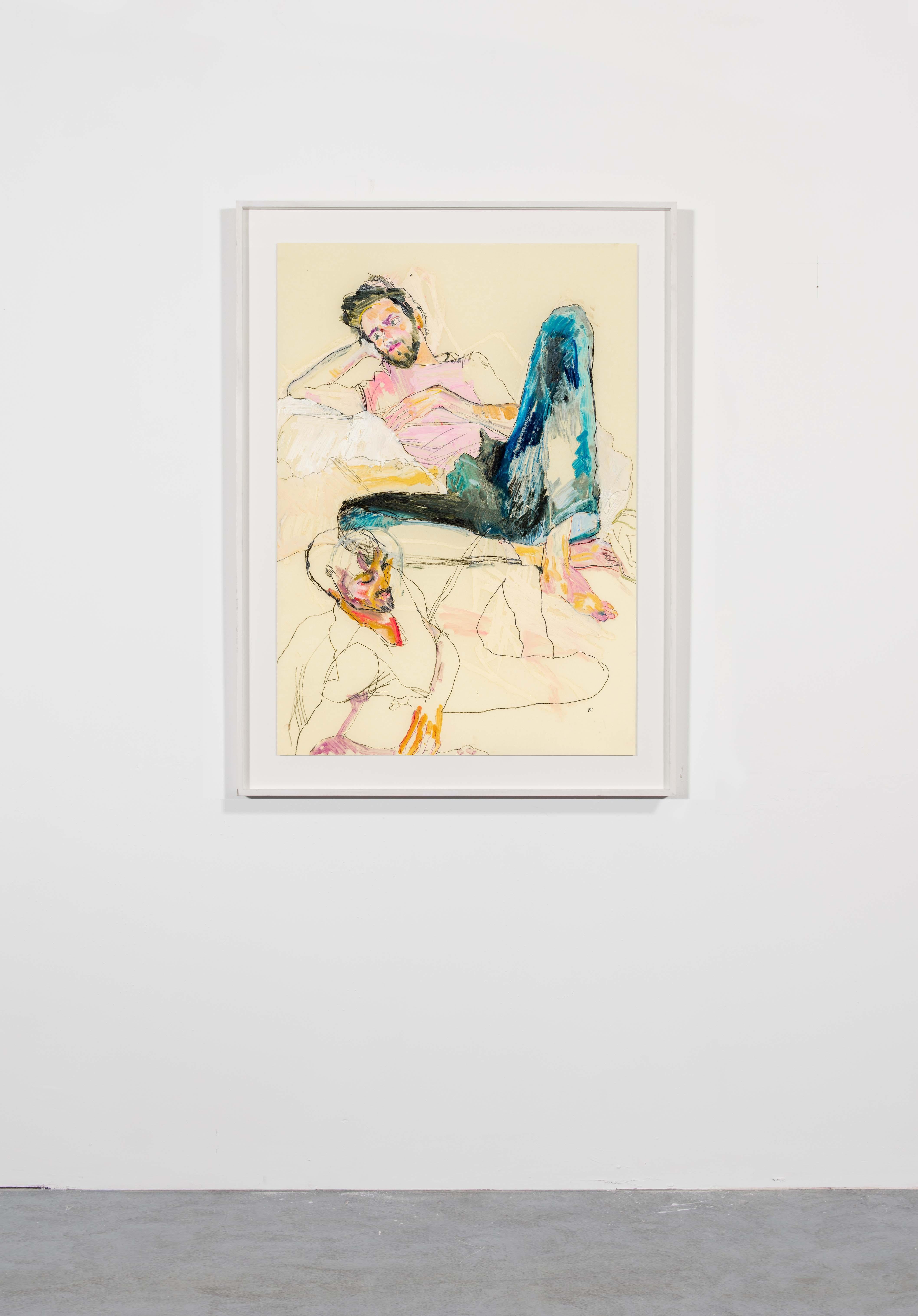 Giorgio (Two figures, pink & blue), Mixed media on Pergameneta parchment - Contemporary Art by Howard Tangye